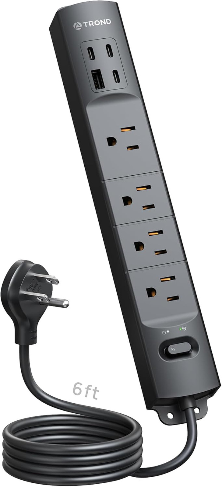 Flat Plug Power Strip with USB Ports, 6Ft Cord, 1440 Joules, ETL Listed
