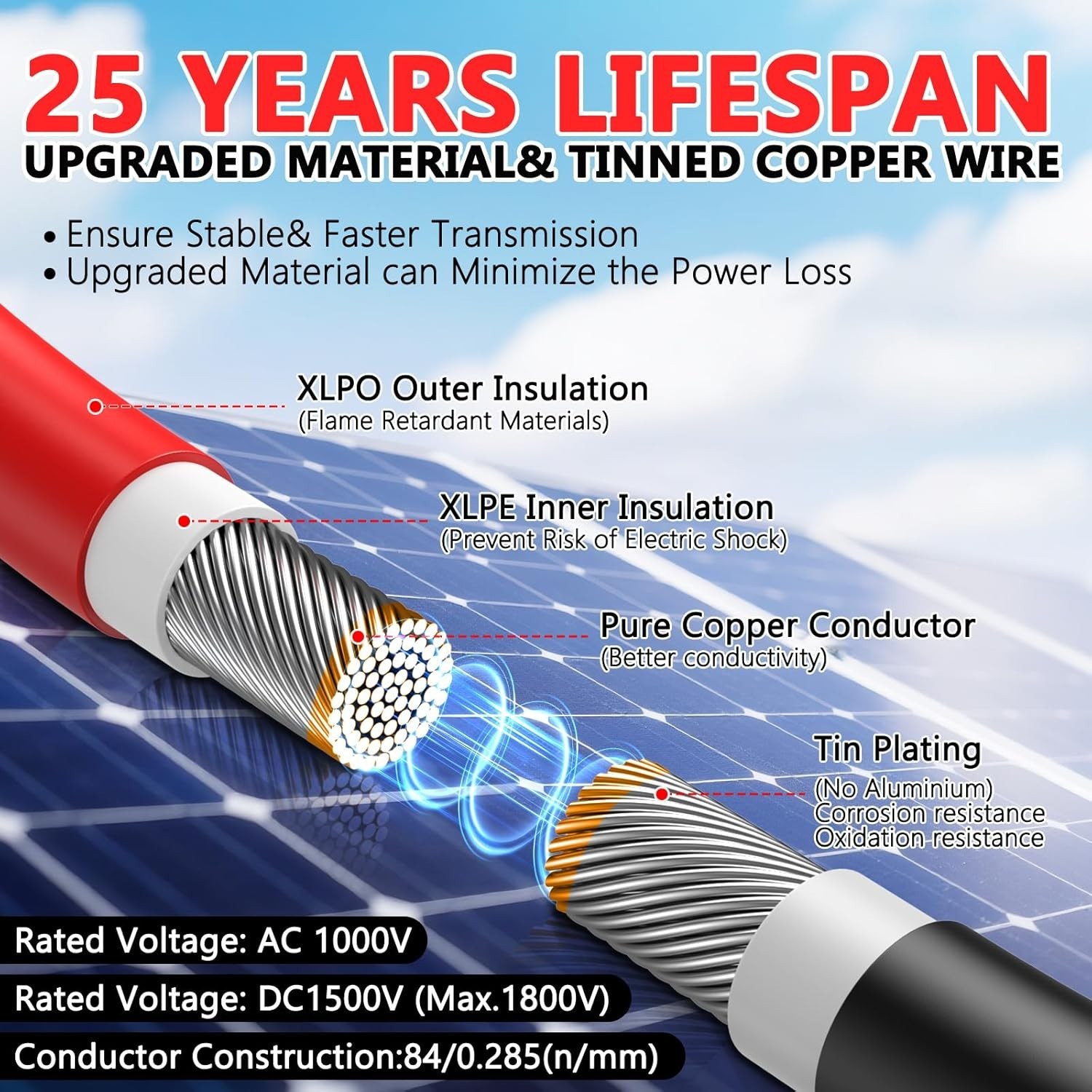 10AWG Tin Plated Copper Solar Panel Extension Cables with Waterproof Connectors