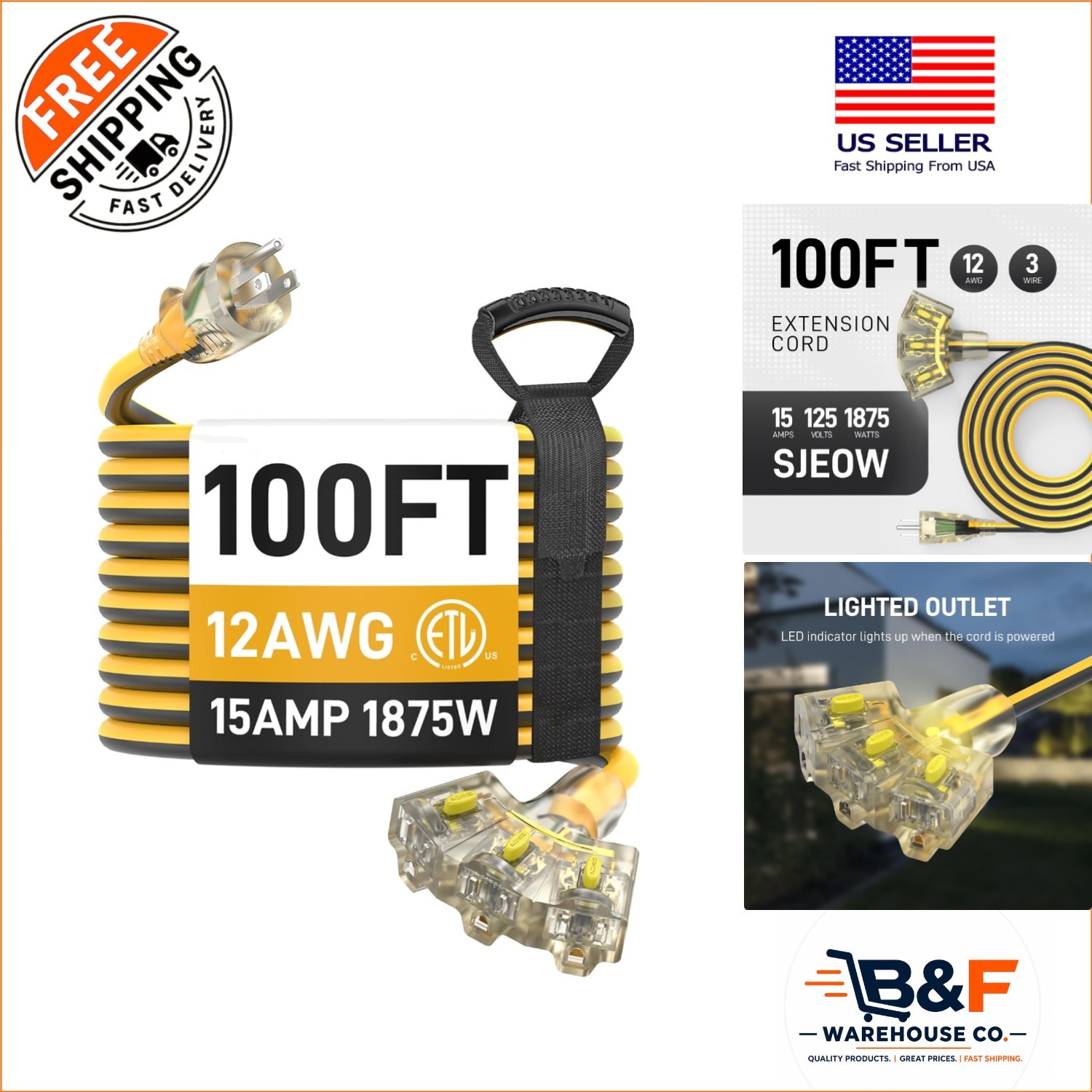 100ft Heavy Duty Waterproof Extension Cord with 3 Outlets & LED Locking Plug