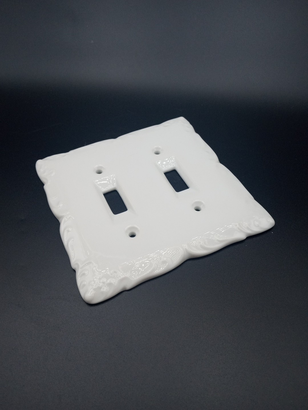 Rynne’s White Porcelain Ceramic Double Light Switch Cover 4.75×4.75″ Scroll
