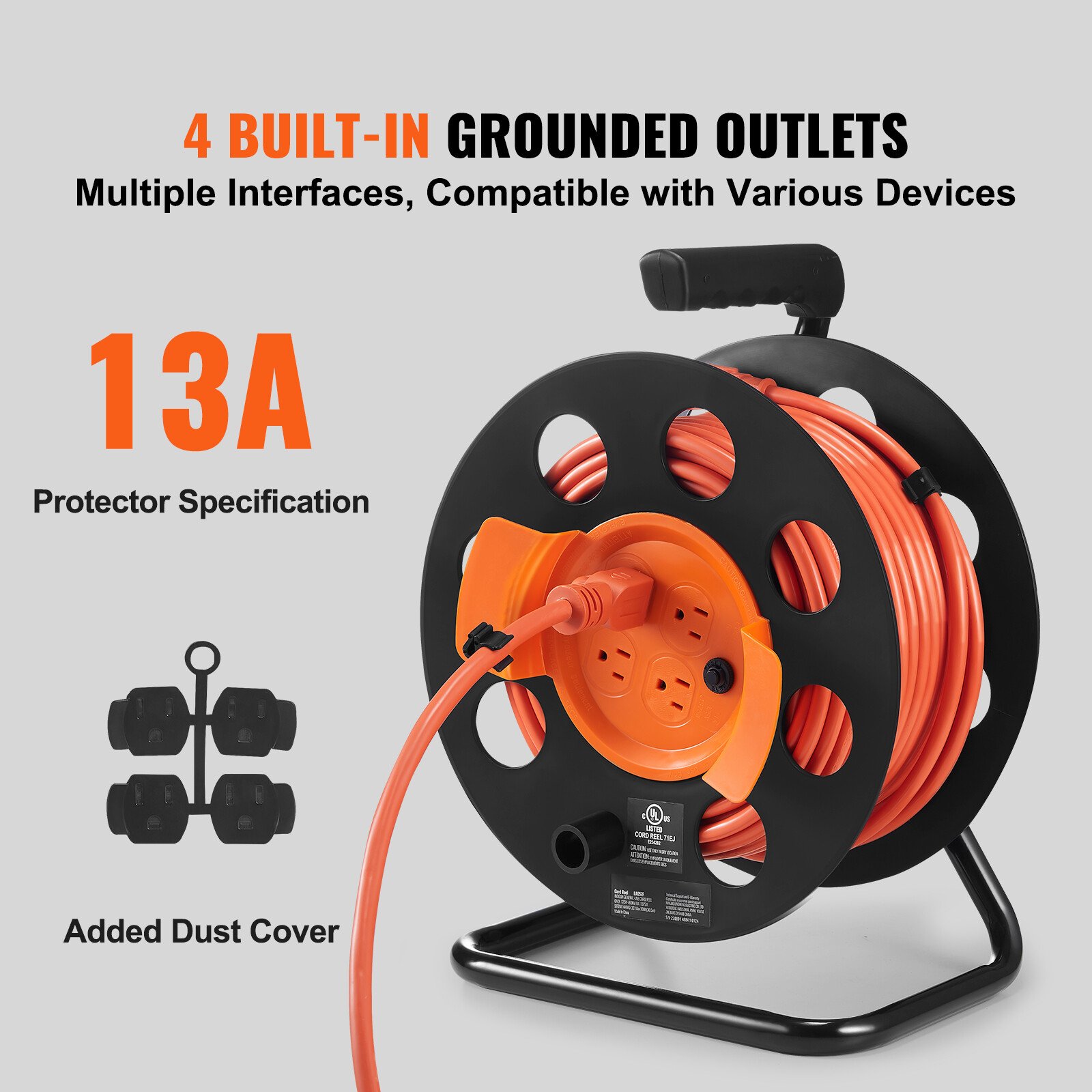 Extension Cord Reel 100FT with 4 Outlets 14AWG SJTOW Manual Cord Reel