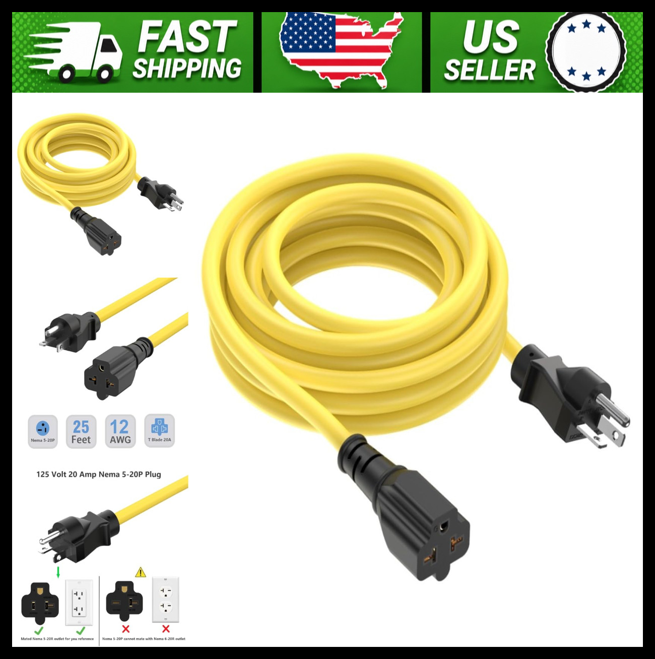 25 Ft 12AWG 20A 125V Extension Cord with 4-in-1 Outlet Adapter
