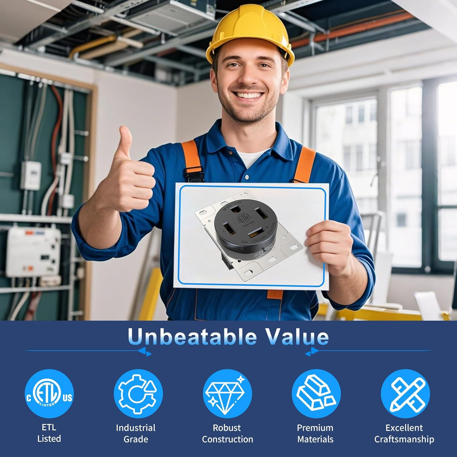 60A Receptacle NEMA 14-60R Flush Mount Outlet 125/250V 4-Prong Socket Industrial