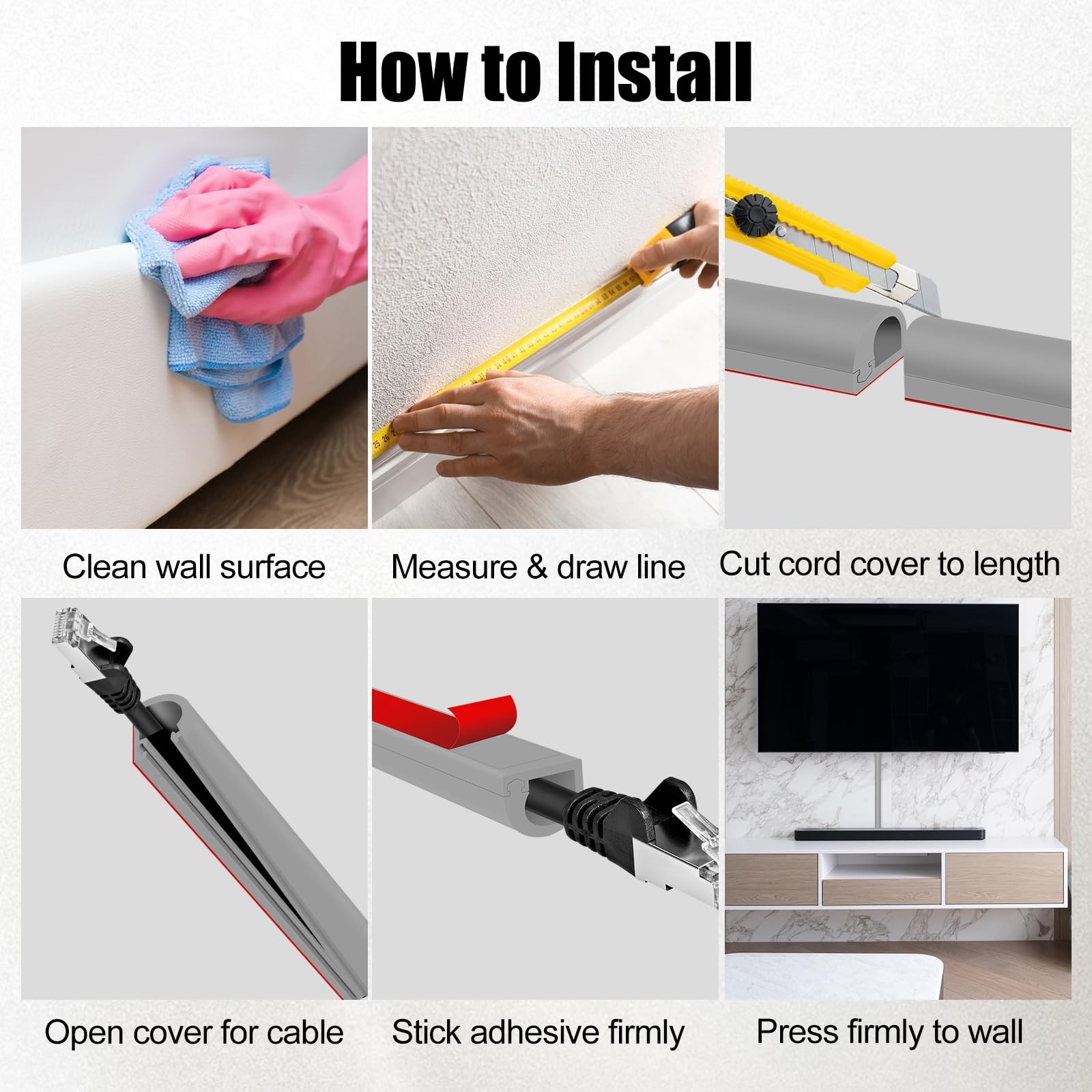Self-Adhesive Cable Hider,Flexible Wire Cover Raceway for 236inch, Gray