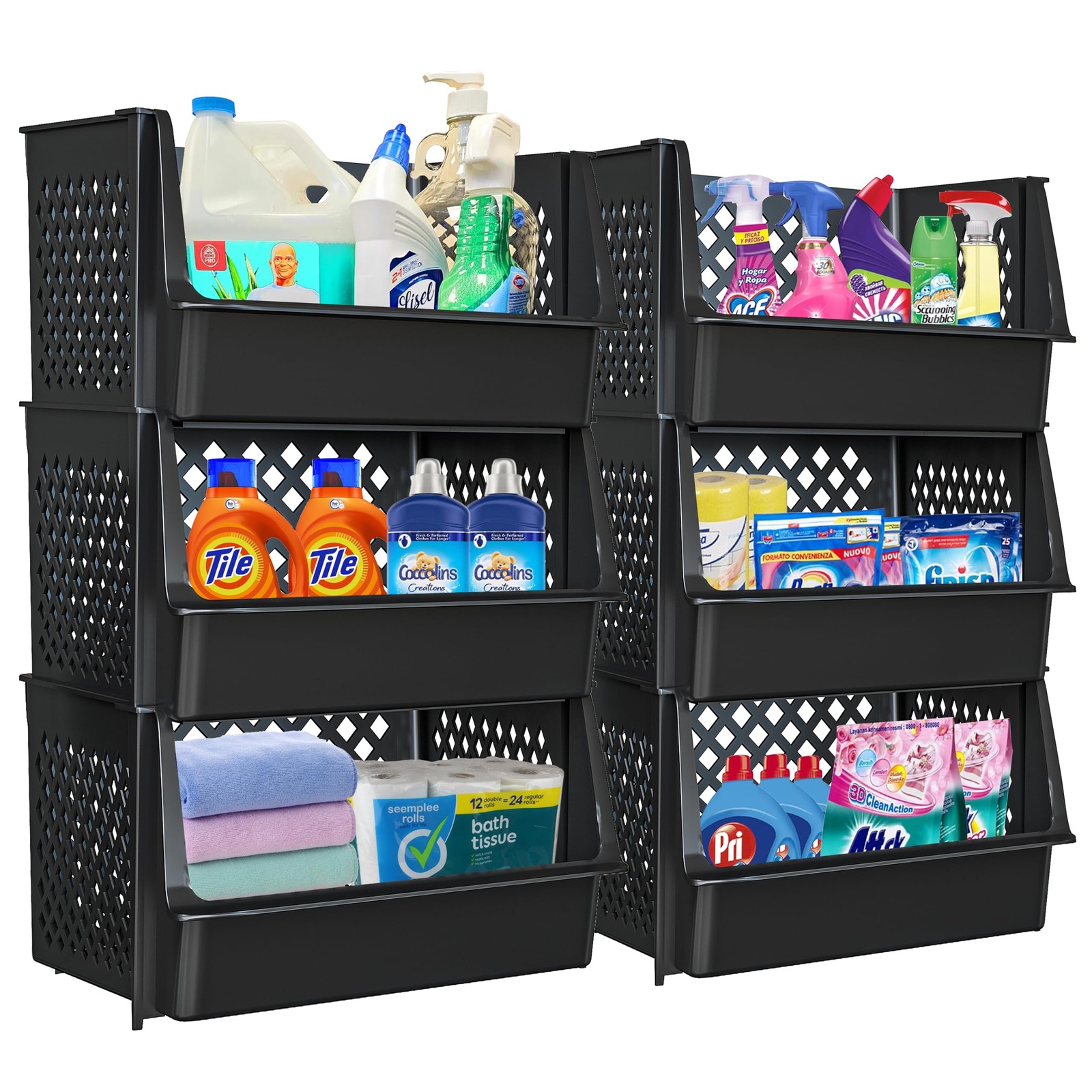 Large Stackable Storage Bins Open Front for Pantry Storage, 6 Pack – Black | Stu