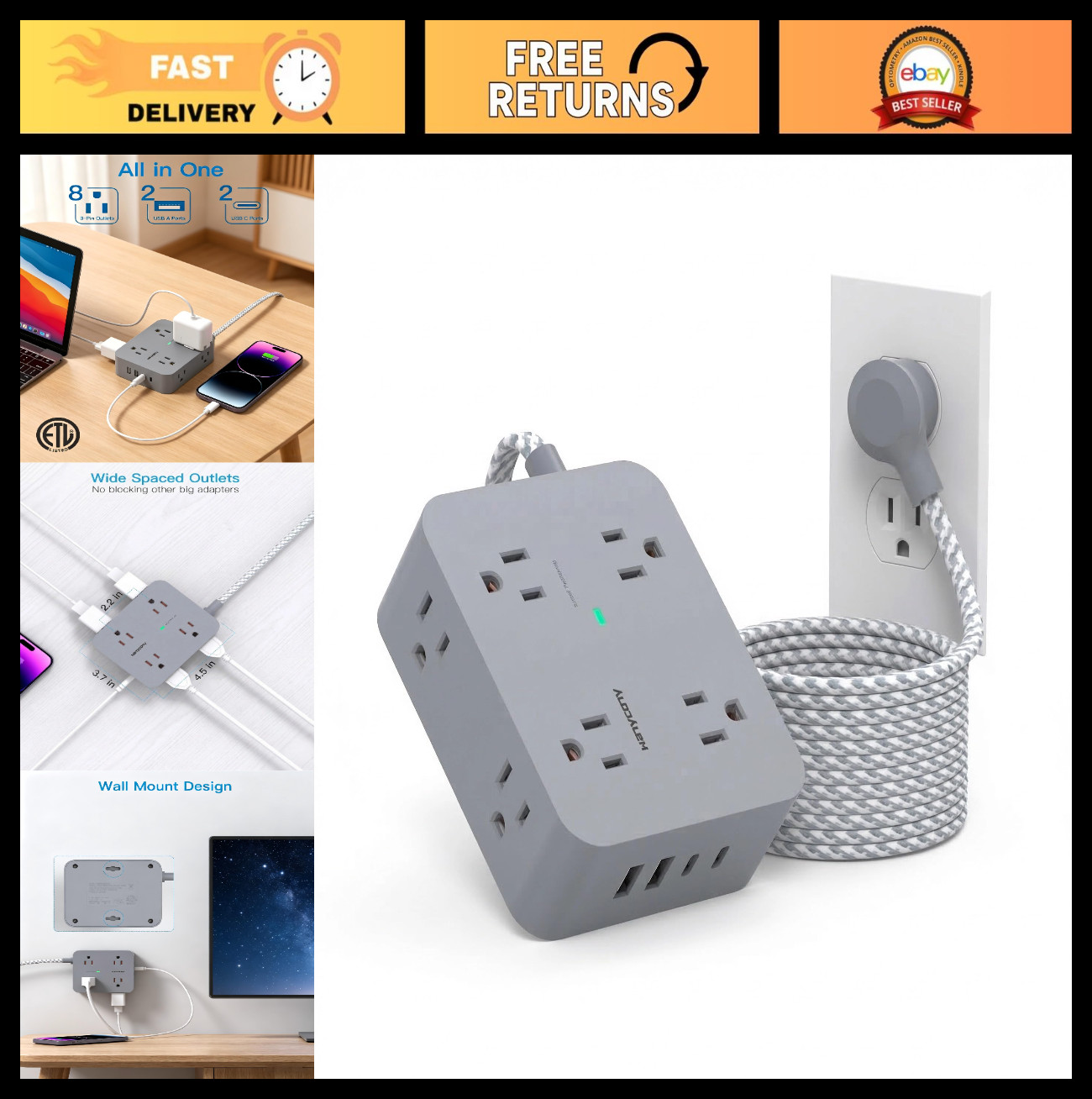 Surge Protector Power Strip 1080J, 8 Outlets & 4 USB Ports, Flat Plug, 5ft Cord