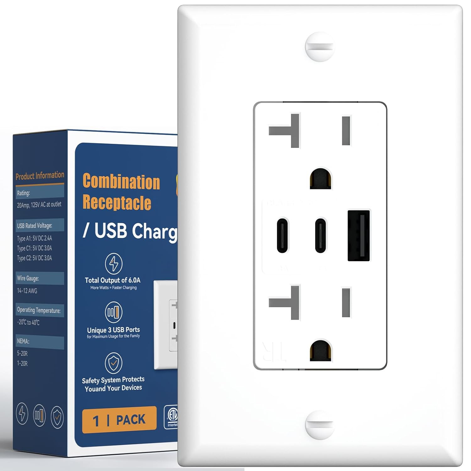 6.0A USB Outlet 6 Pack, 3-Port 30W Wall Outlets with 2 Type a & 1 Type C, 15 Amp