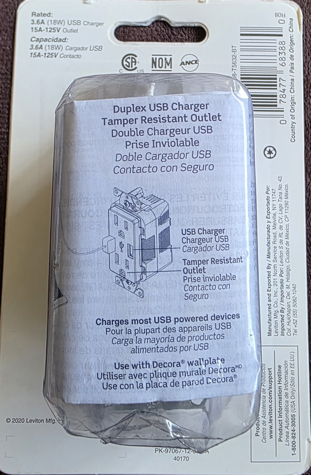 New – Leviton Decora+ 18W USB Type A Duplex Outlet T5632-BT Light Almond NEW!