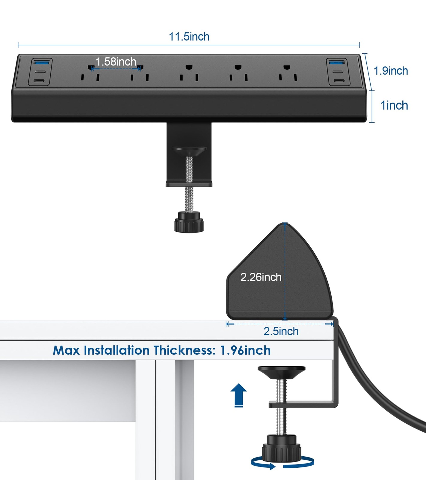 Jgstkcity Desk Clamp Power Strip USB 5 Outlets & 6 Ports – 40W, Black