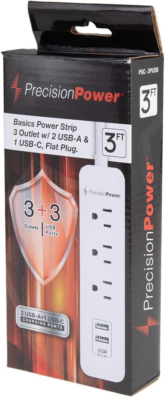 3 Ft Surge Protector Power Strip | 3 AC Outlets with 3 USB Charging Ports