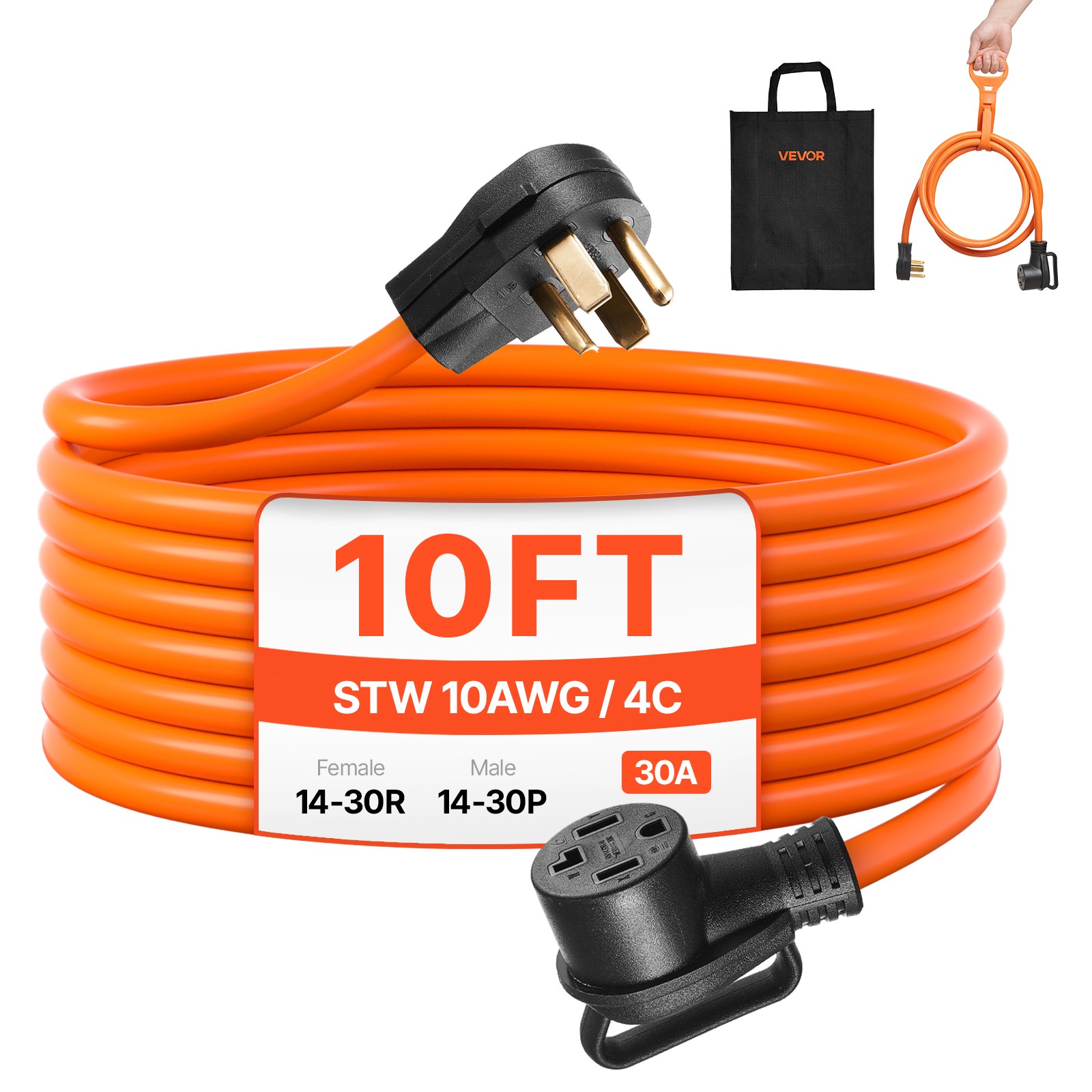 VEVOR 10 ft Dryer Extension Cord 4-Prong NEMA 14-30P to 14-30R Dryer Cord 30A
