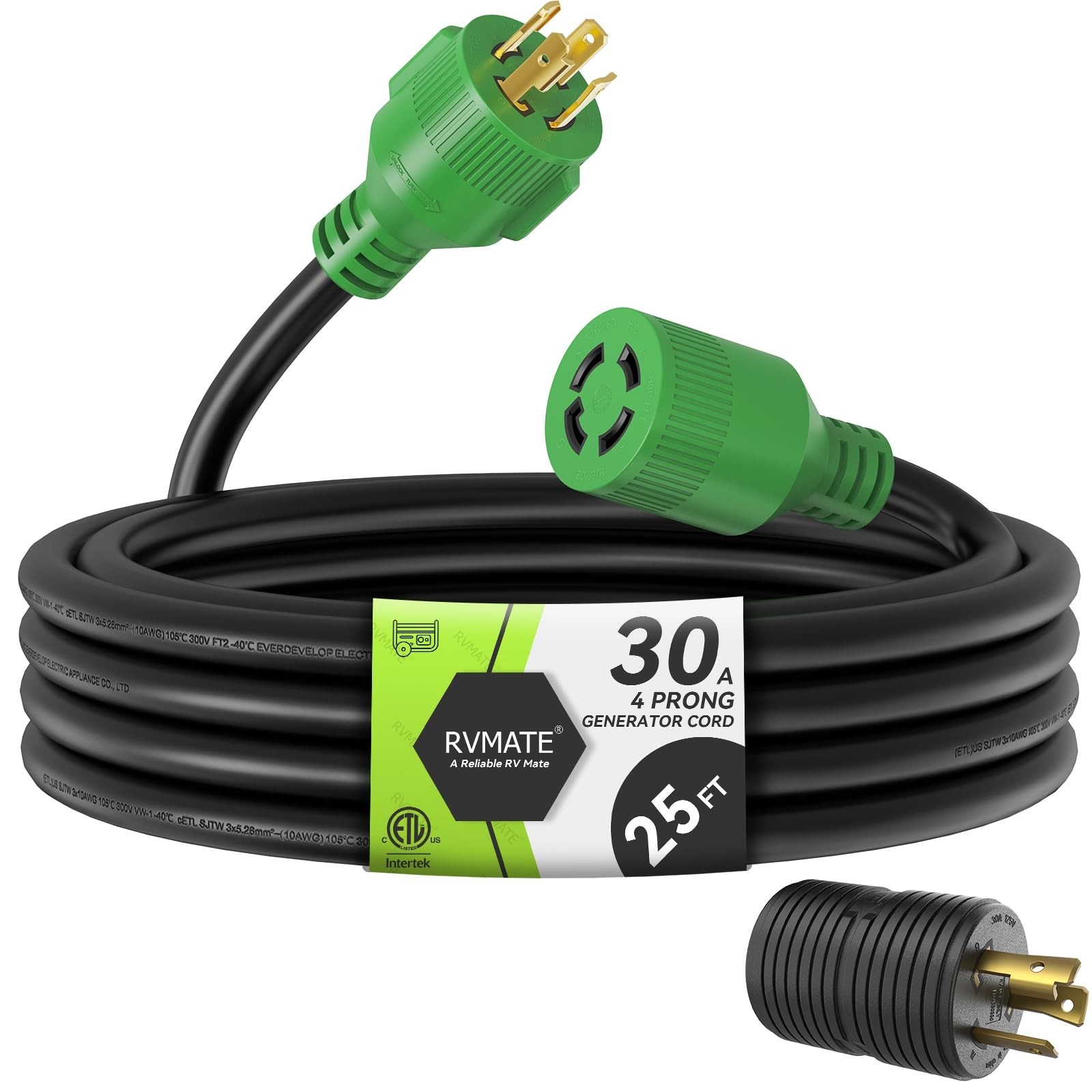 30 Amp Generator Extension Cord 25ft, 4 Prong NEMA L14-30P/L14-30R, 7500W, ETL L