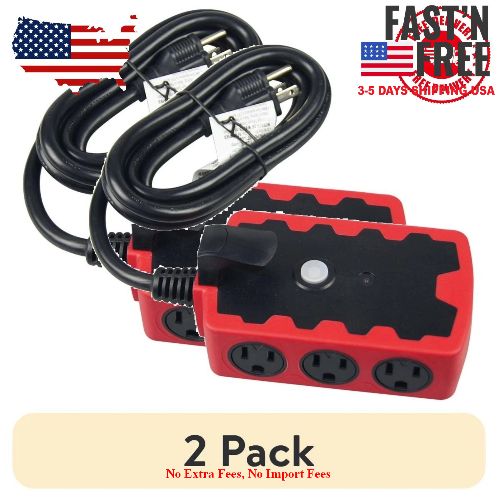 [USA WAREHOUSE] (2 pack) Outdoor 6-Outlet 6ft Extension Cord Hub, Red/Black