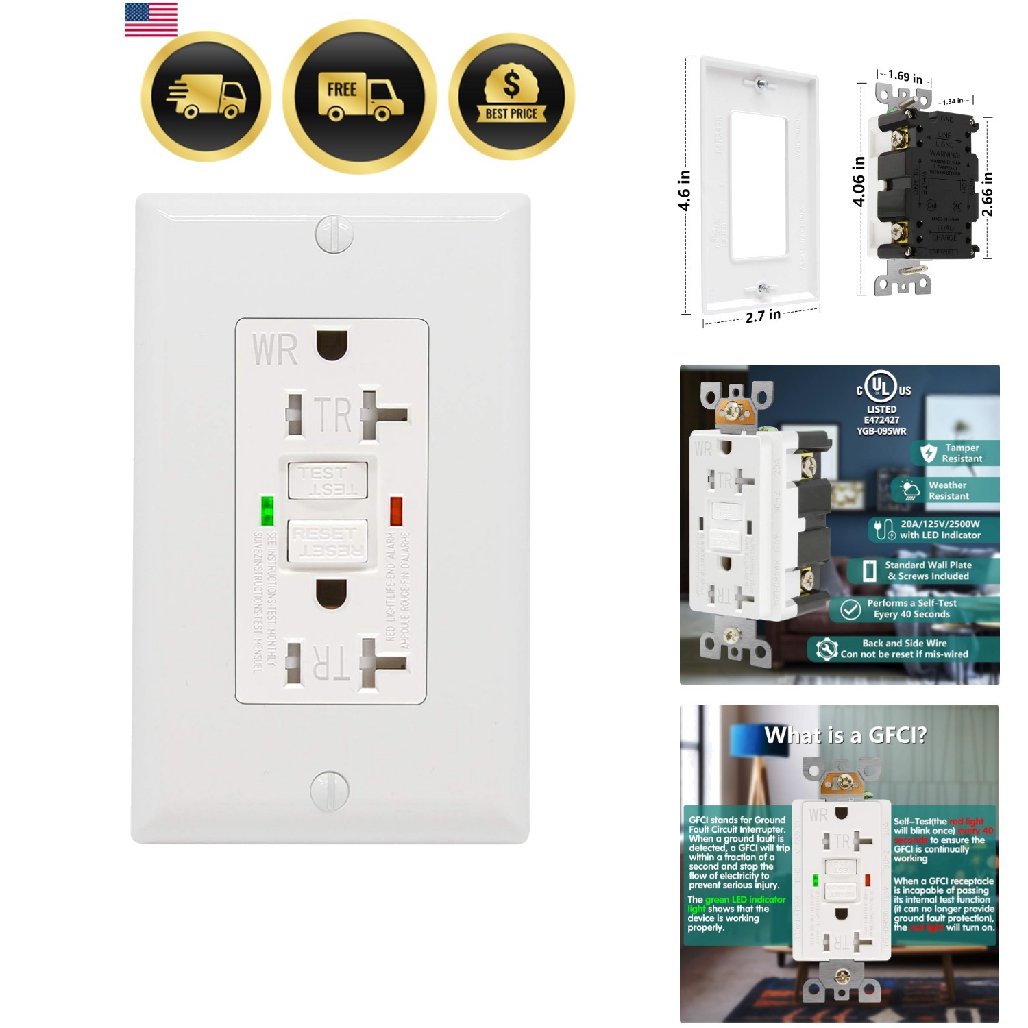 GFCI Outlet 20 Amp, Listed, LED Indicator, Tamper-Resistant, Weather Resista…