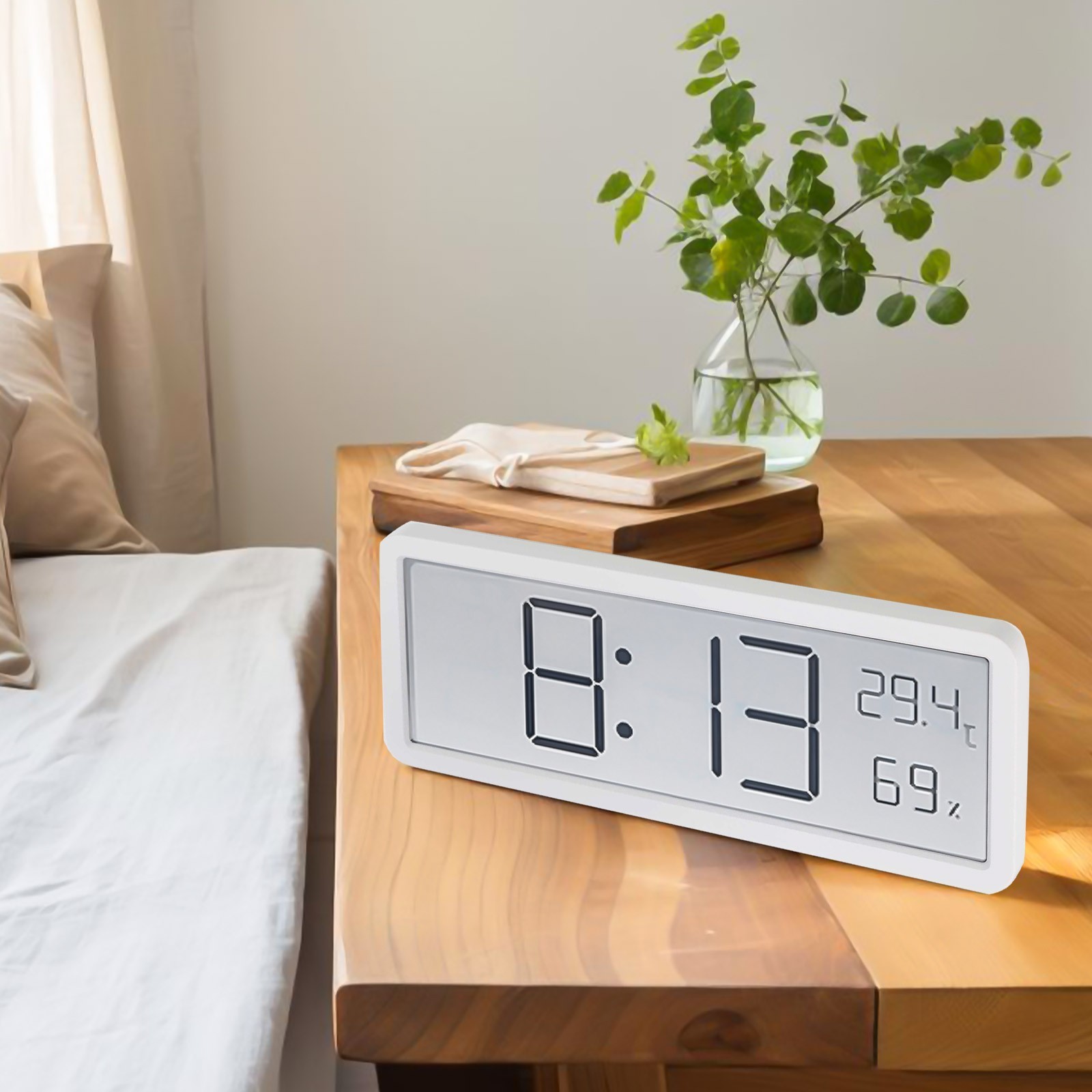 LCD Digital Wall Clock with Temperature Humidity Display for Living Room Office