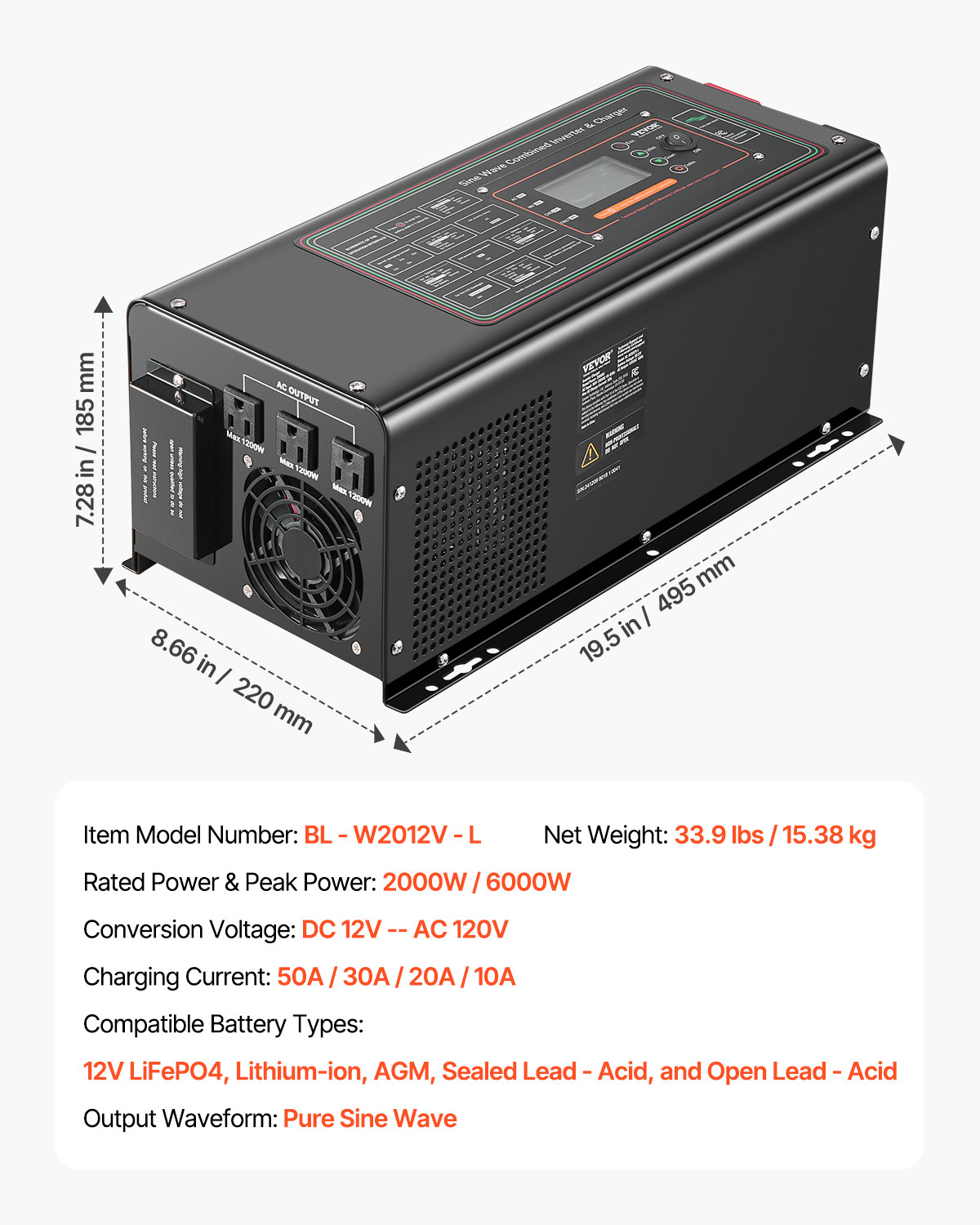 VEVOR 2000W Pure Sine Wave Inverter Charger DC 12V to AC 120V Power Inverter