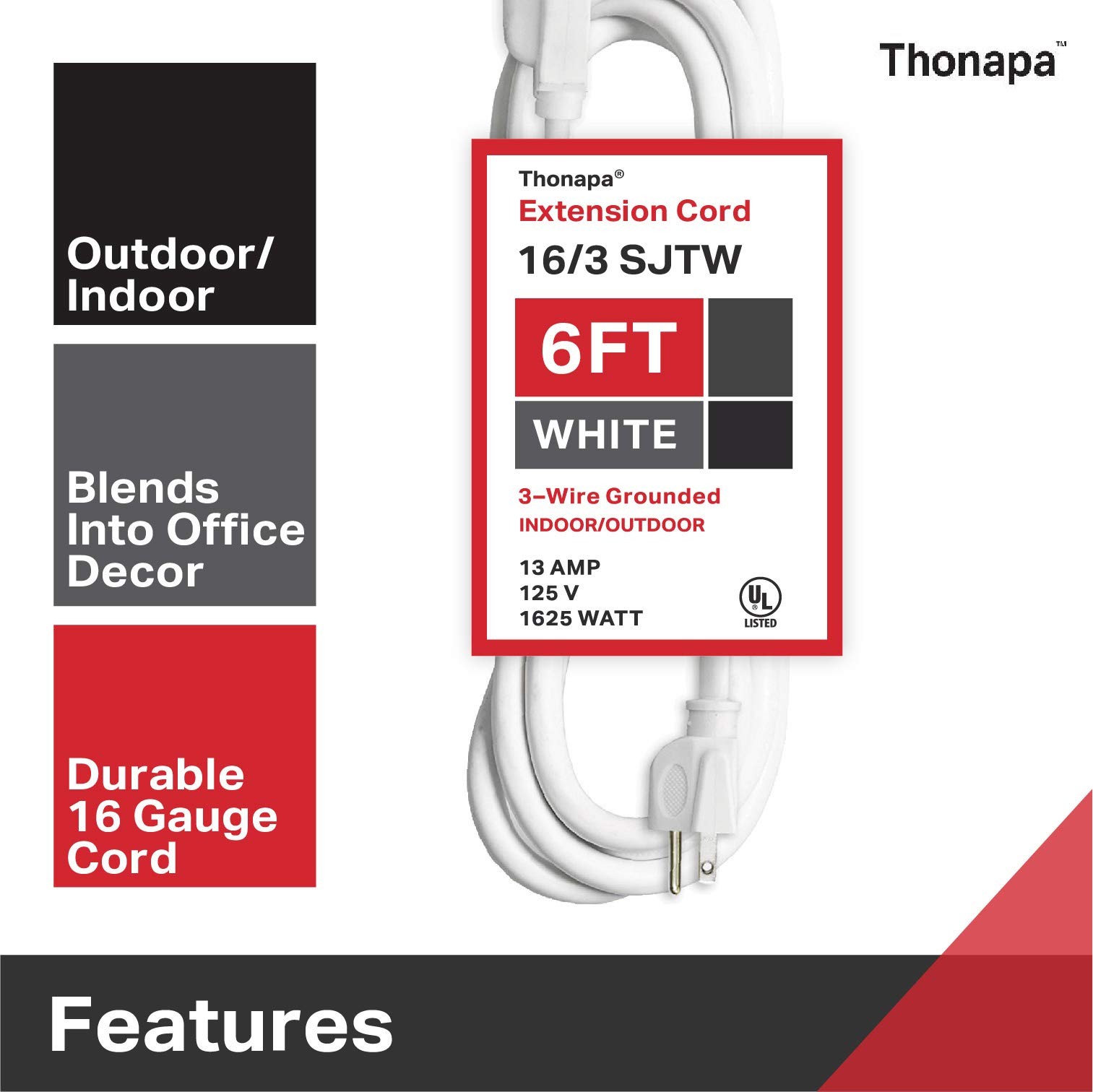 6 Ft White Extension Cord – 16/3 Durable Outdoor Electrical Cable