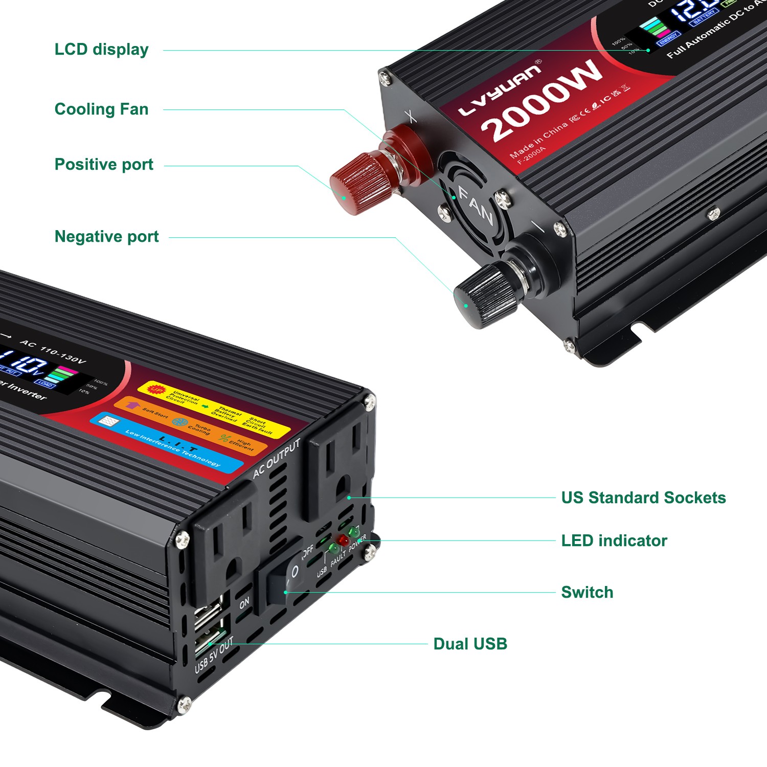 800W 2000W Power Inverter 12V to 110V 120V LCD 2AC 2USB Adapter Converter Home