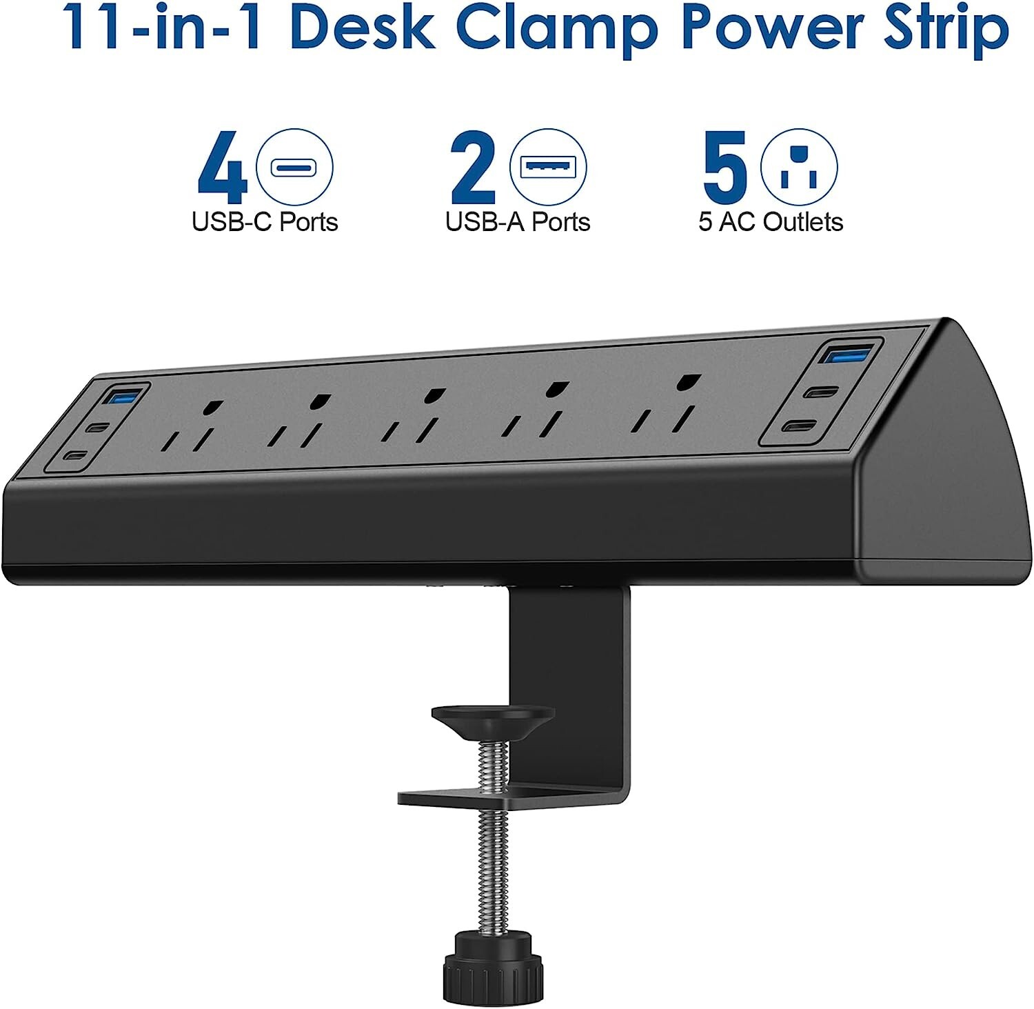 Versatile Desk Clamp Power Strip – USB C Fast Charging – 5 Outlets 6 USB Ports