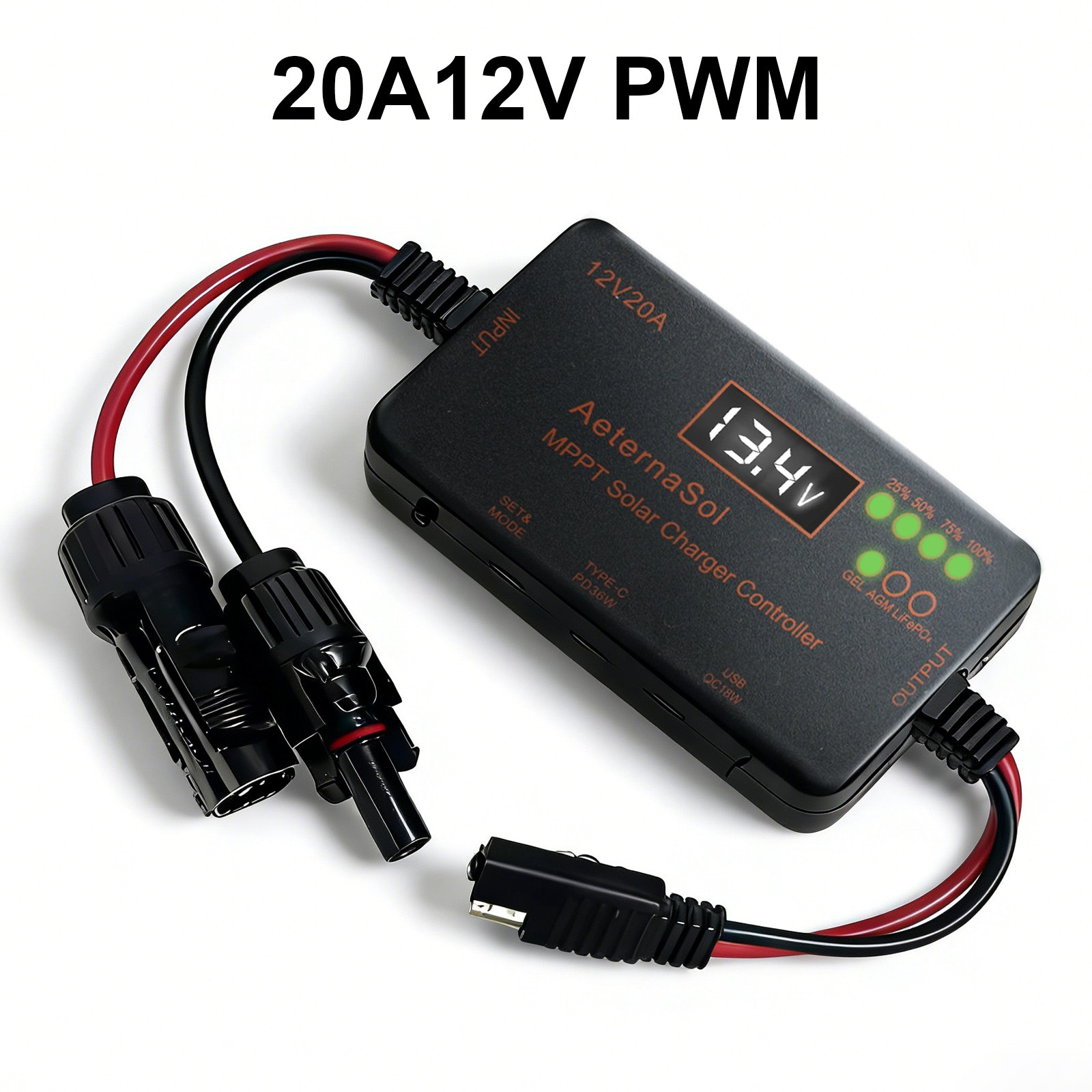 Solar Charge Controller 12V 20A Type-C&USB for Solar Panel Gel, AGM LiFePO4