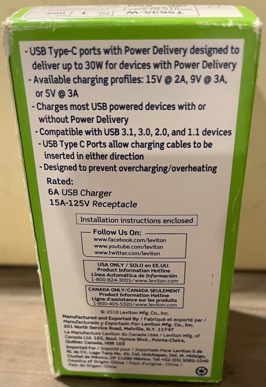 Leviton 15 Amp Wh. Duplex Tamper Resistant Outlets W/ 6 Amp USB Dual Type-C New