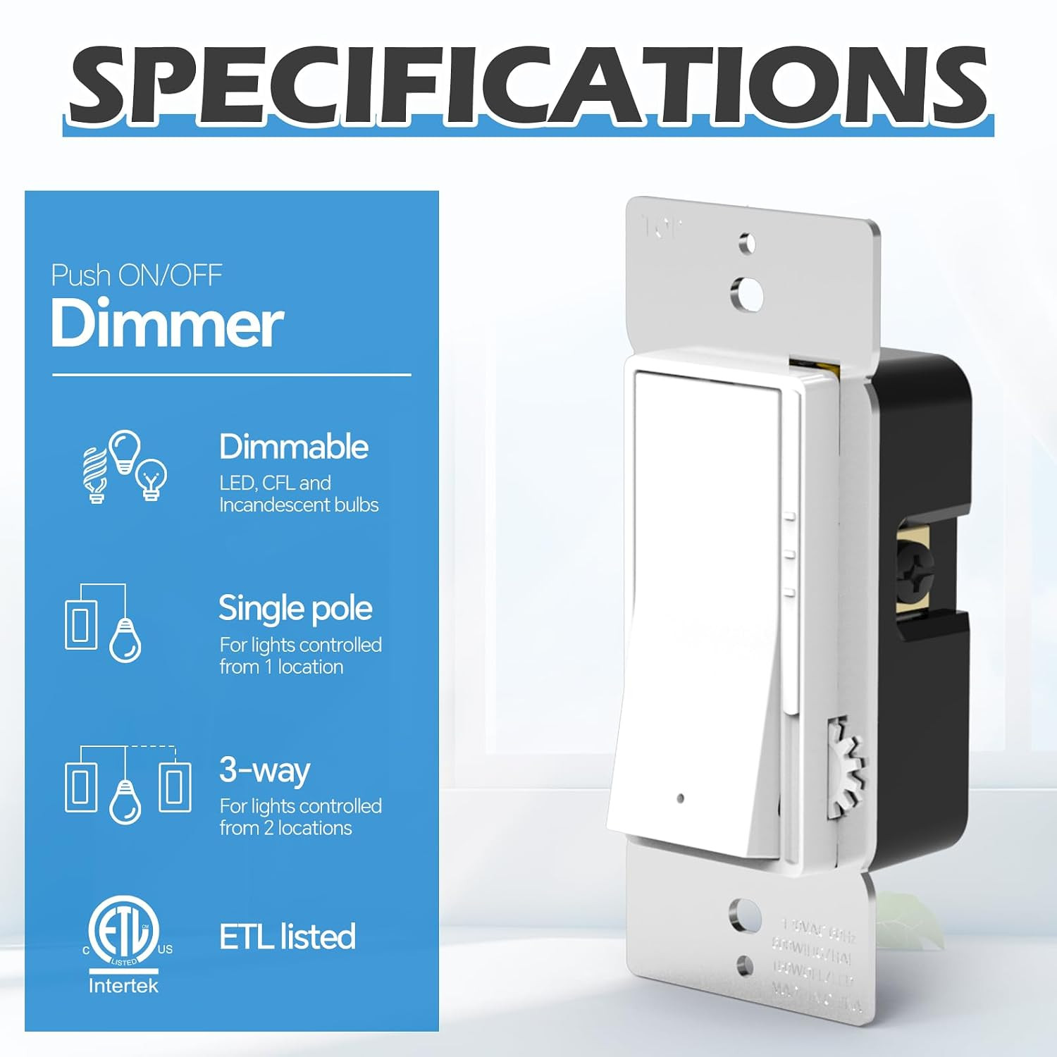 5 Pack Slide Dimmer Light Switch, Single Pole or 3-Way LED Dimmer Switch, for 30