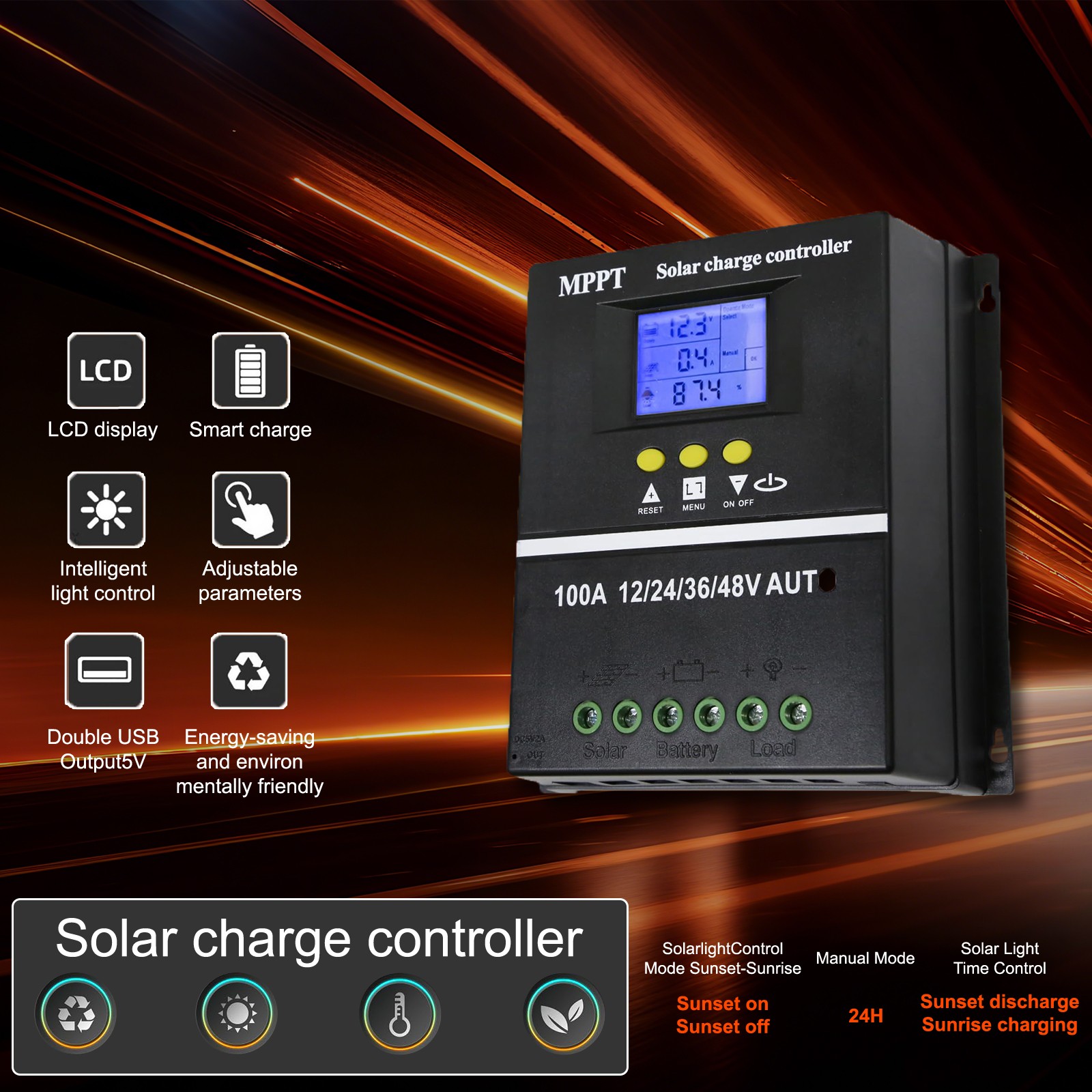 MPPT 100A Solar Charge Controller Tools 12V/24V/36V/48V Battery PV Regulator US