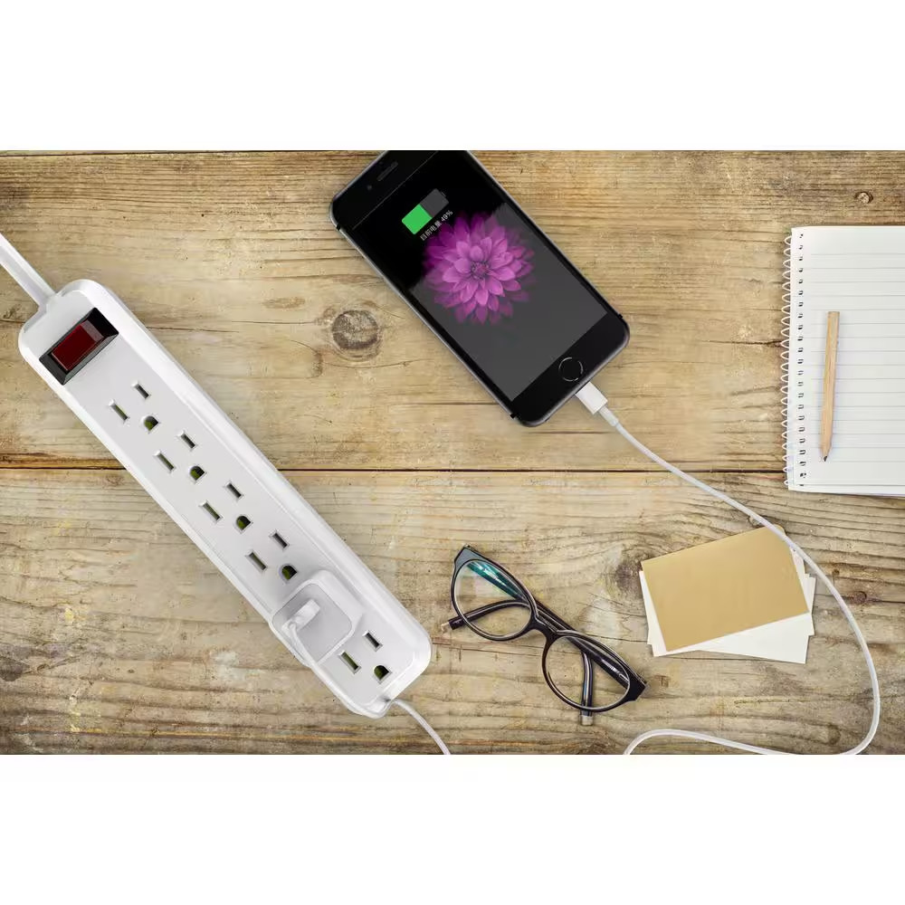 4 Ft. 6-Outlet Power Strip with 45 Degree Flat Angle Plug, White