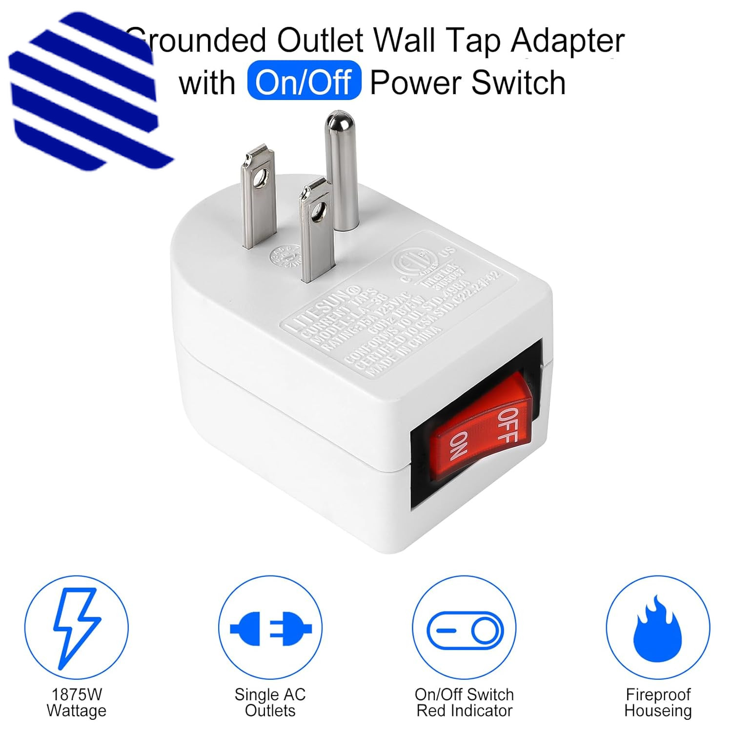 Grounded Outlet with on off Switch Single Power Adapter Outlet 15A 187.. 4 Pack
