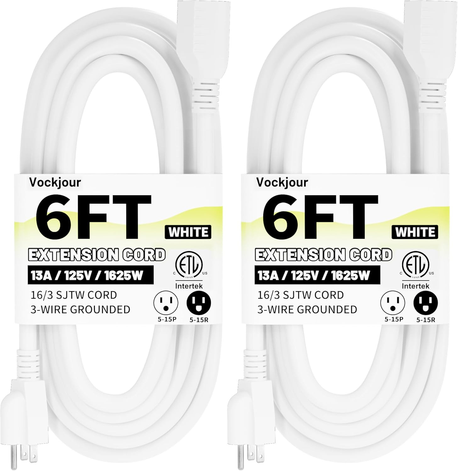 16/3 White Indoor Outdoor Extension Cord 6 Ft 2 Pack Waterproof, Extension Cord