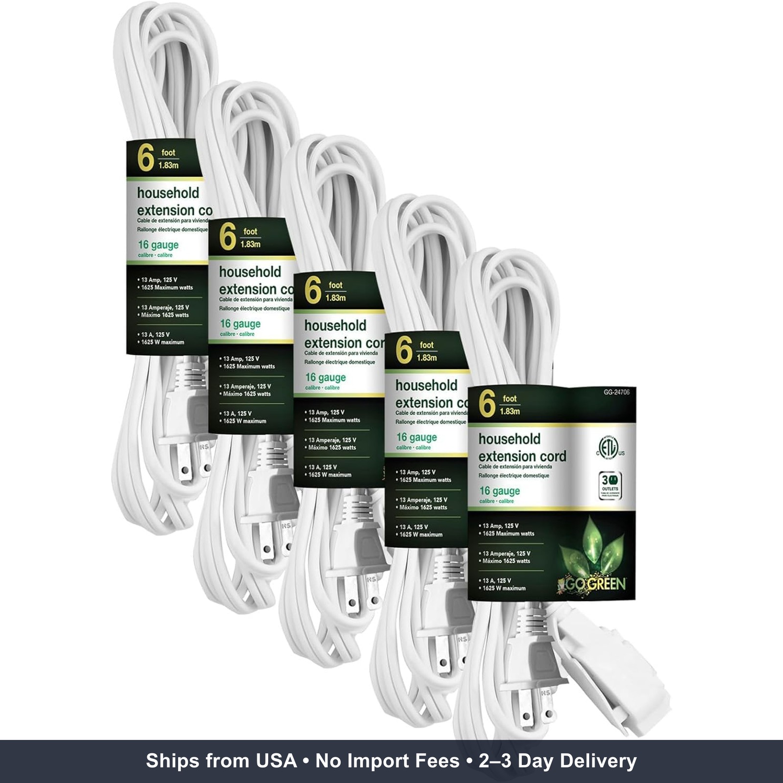 GoGreen Power Inc. (G-24706-5) 16/2 6′ Household Extension Cord, 3 Outlets, Whit