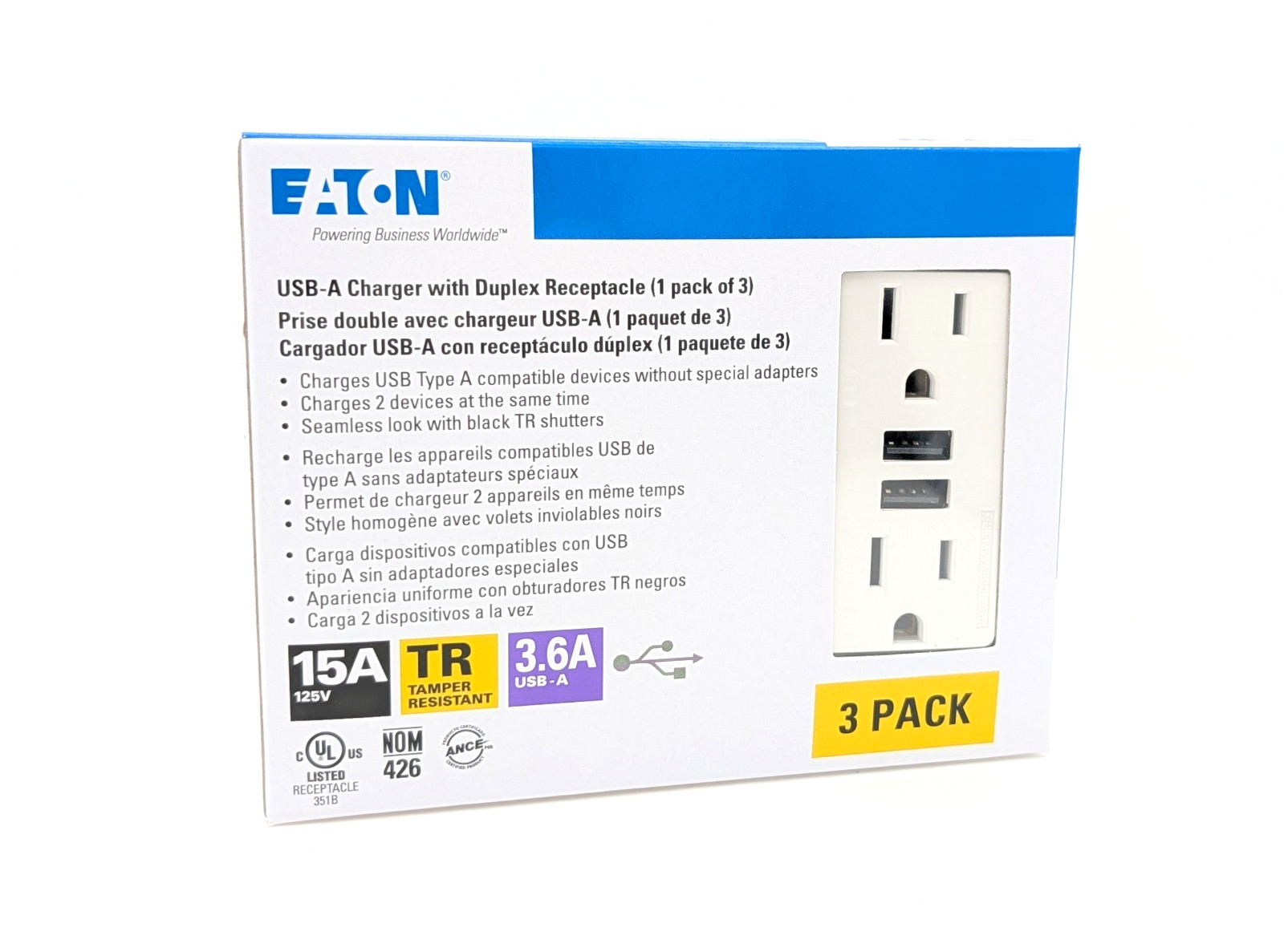12 Pack TR7765W USB Outlets, Eaton 15A 125V USB 3.6A 18W Fast Charging TR Duplex