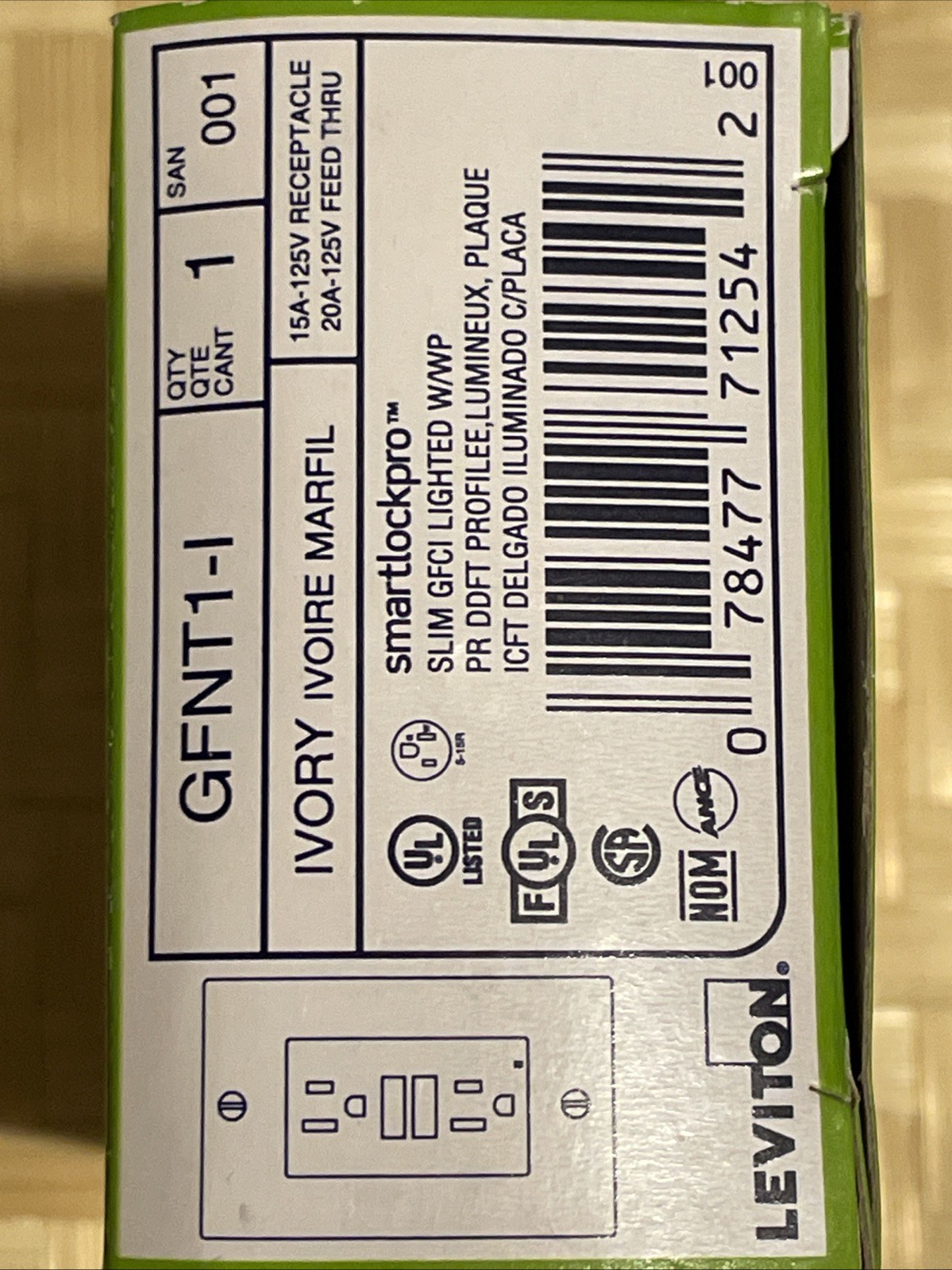 Leviton Smartlockpro Self Test Outlet Wth Wallplate 15A-125V Receptacle 20A-125V