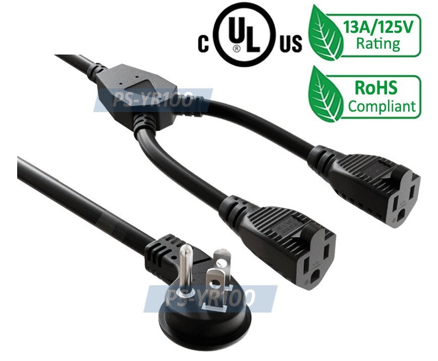 1 In 2 Out AC Power Outlet Splitter Cord Slim Angled Plug 14″ Long 13A 125V Max