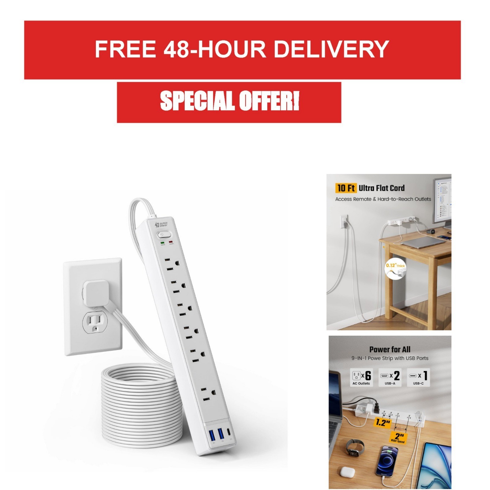 SUPERDANNY 10Ft Surge Protector Power Strip with 6 Outlets & 3 USB Ports