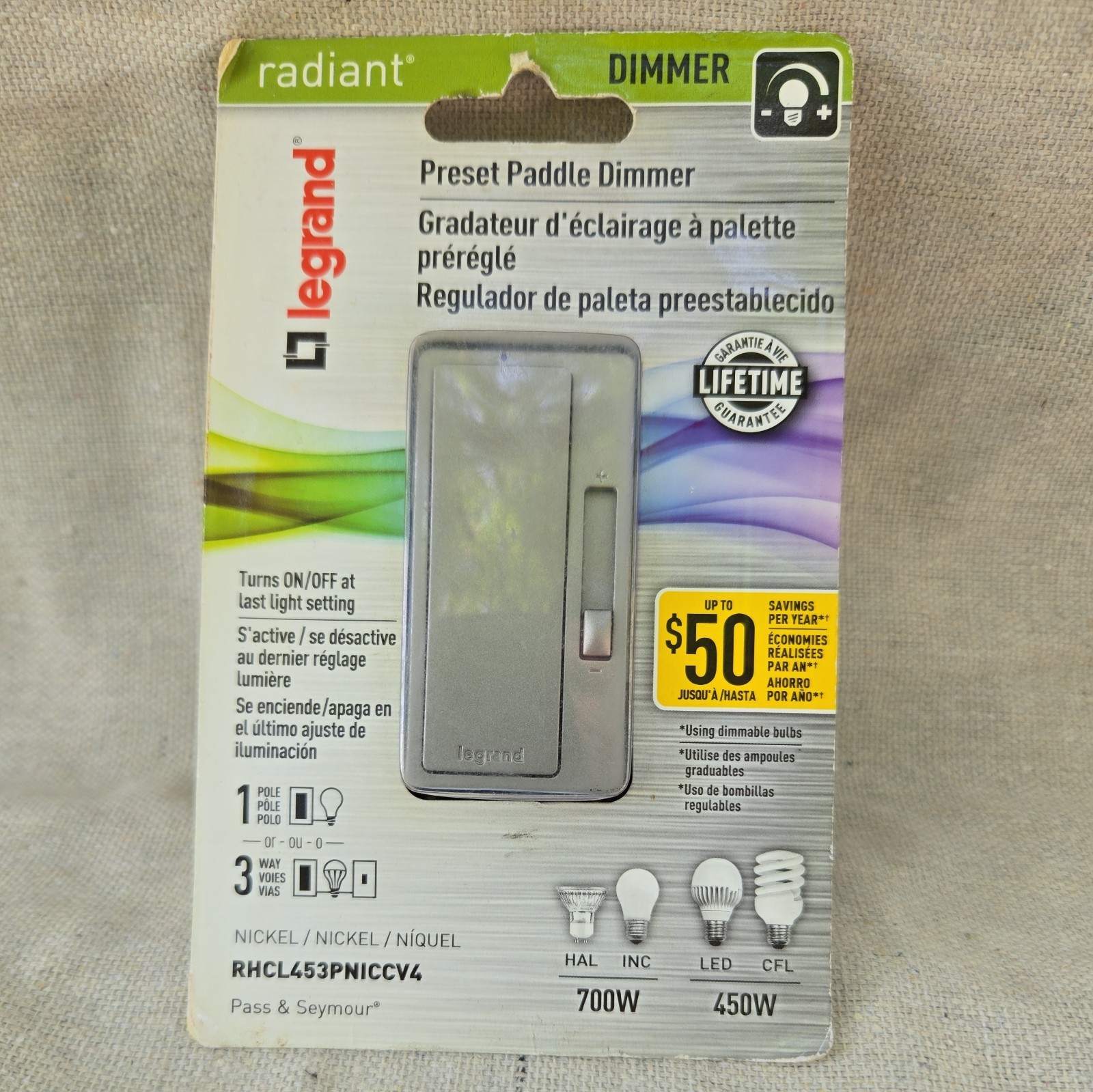 Legrand Radiant 450W Rocker Dimmer 3-Way/1-Pole in Nickel