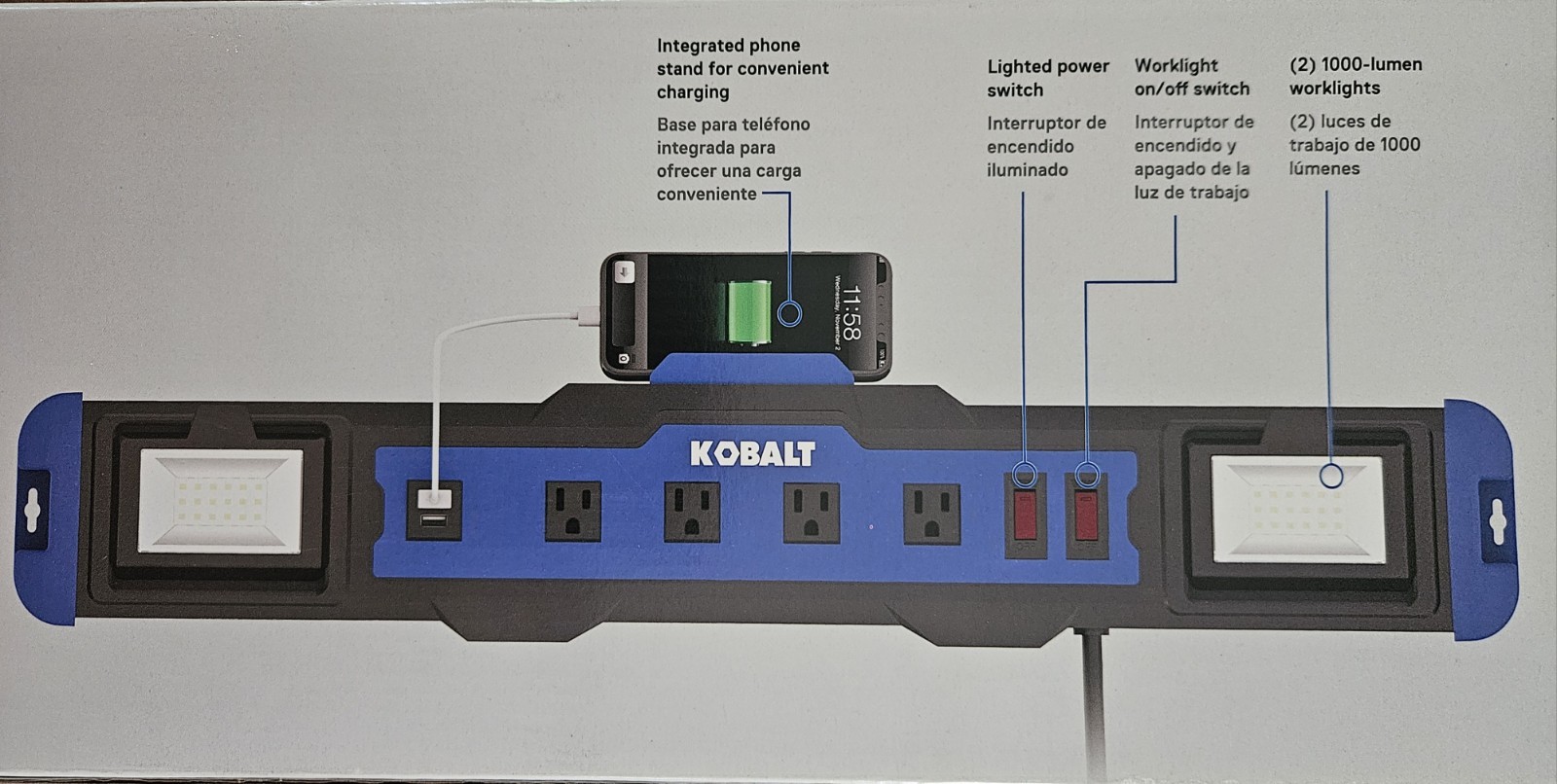 Kobalt 6′ 4 Outlet 2-USB Ports 2LED Lights Indoor Power Strip, LTS-4T-2U-1, NEW