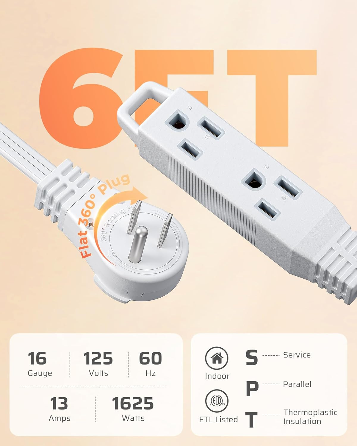 DEWENWILS 6FT Flat Plug Extension Cord, 3 Prong Ultra Thin Power Strip, White