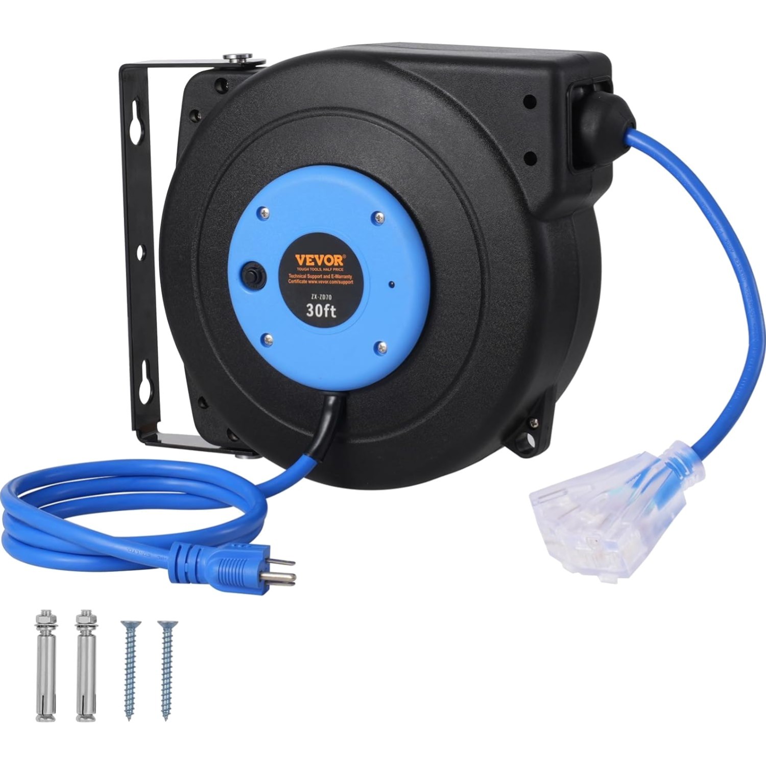 Vevor Retractable Extension Cord Reel 30 Ft 16Awg 3C Sjtow Blue