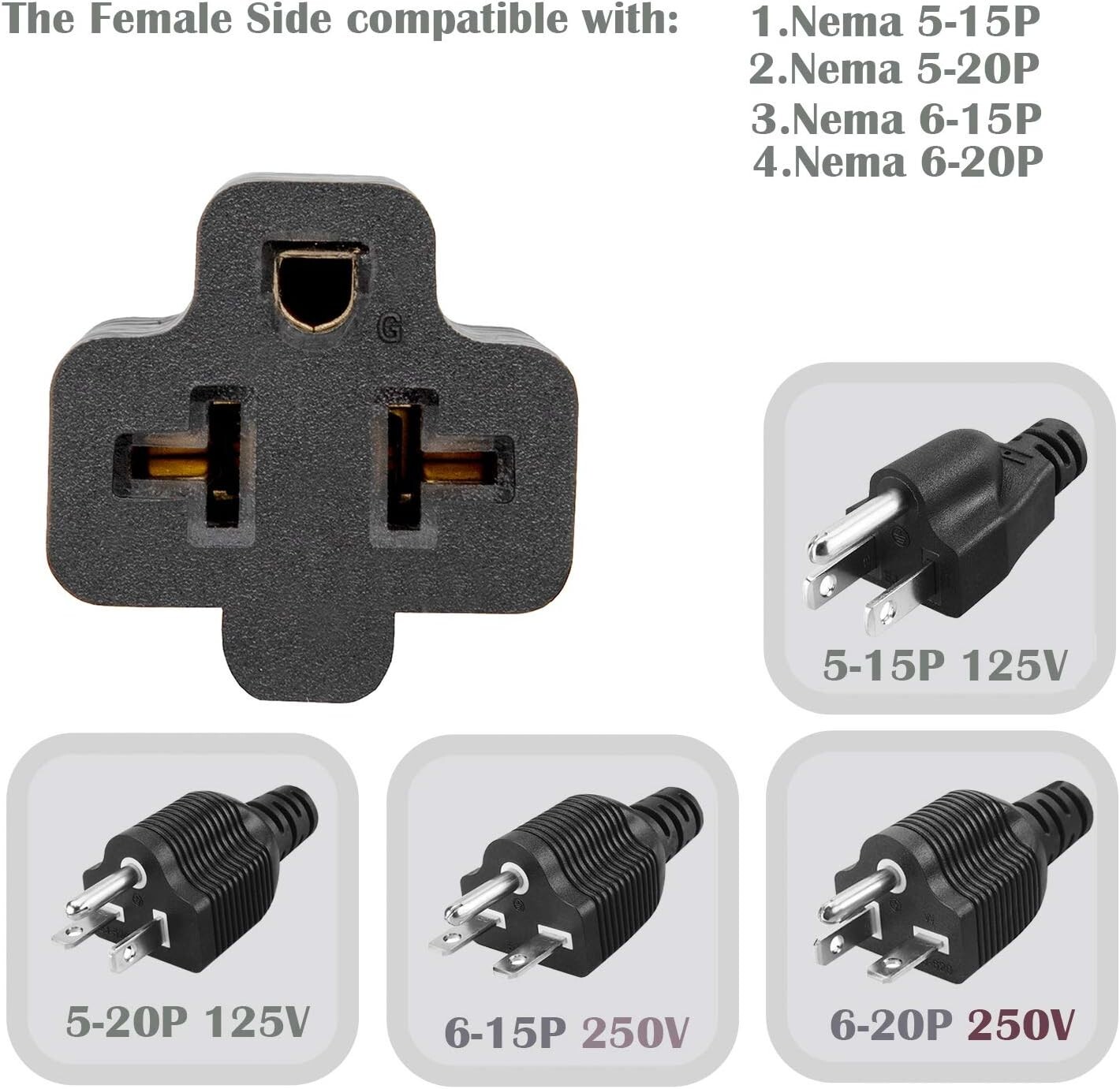 4-In-1 15 Amp Household AC Plug to 20 Amp T Blade Female Adapter Nema 5-15P New