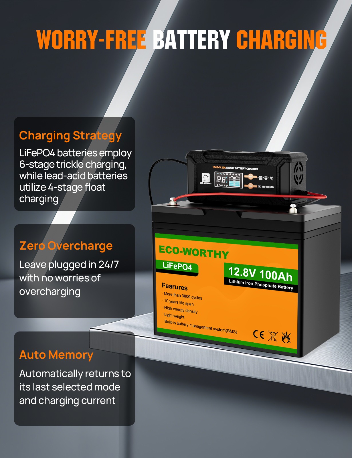 ECO-WORTHY 12V/24V 20A Lithium LifePO4 Battery Charger 14.6V Maintenance