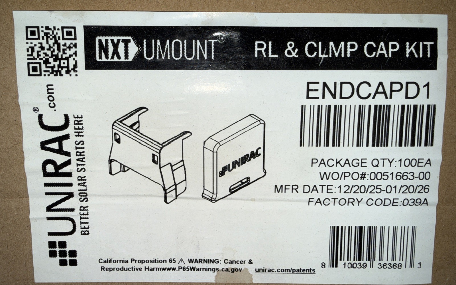 UNIRAC NXT HORIZON RL & CLMP CAP KIT ENDCAPD1 QTY 100