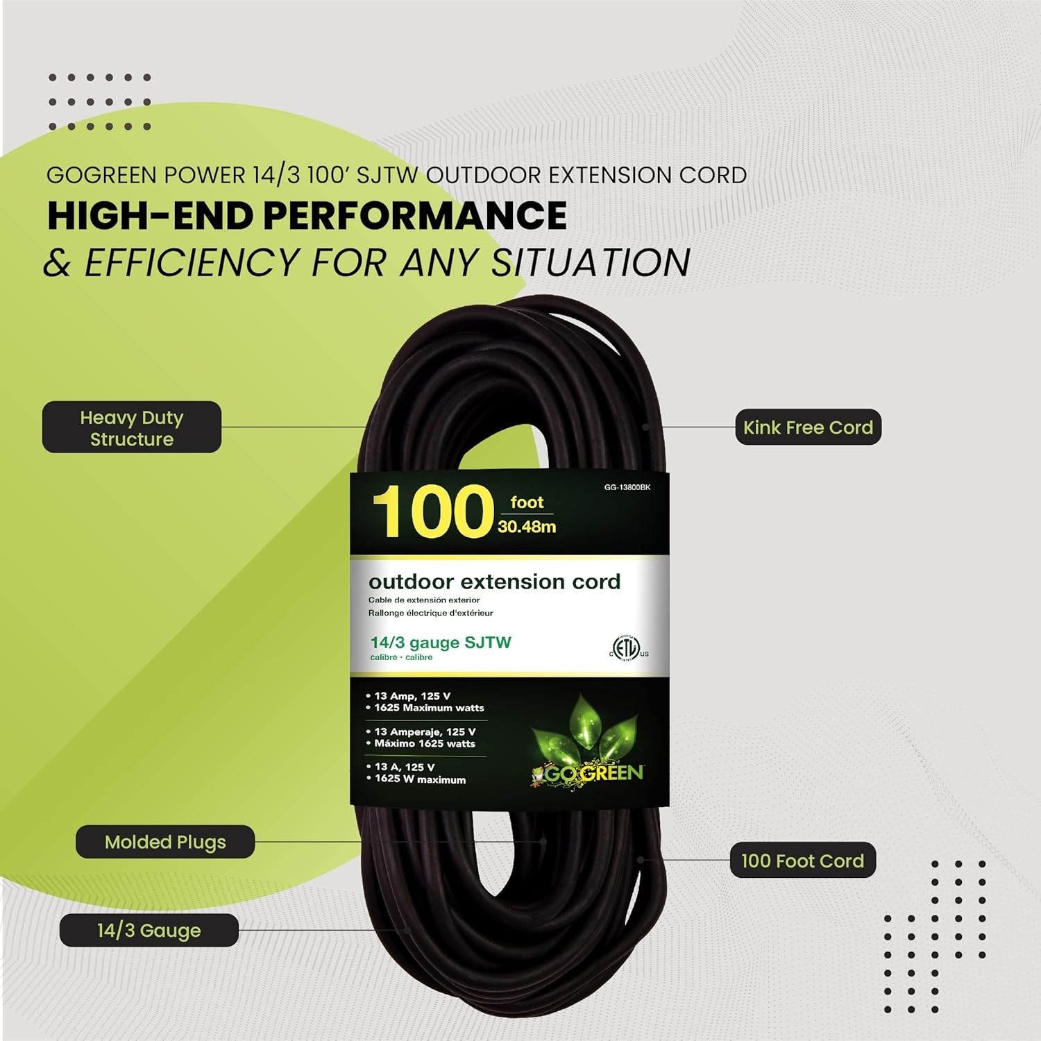 Go Green Power 100 Feet SJTW Extension Cord – Abrasion Resistant & Lightweight