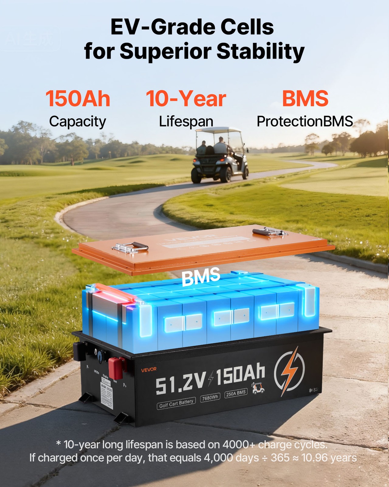 VEVOR 48V 150AH Lithium Golf Cart Battery Lifepo4 & 20A Charger Bluetooth Touch