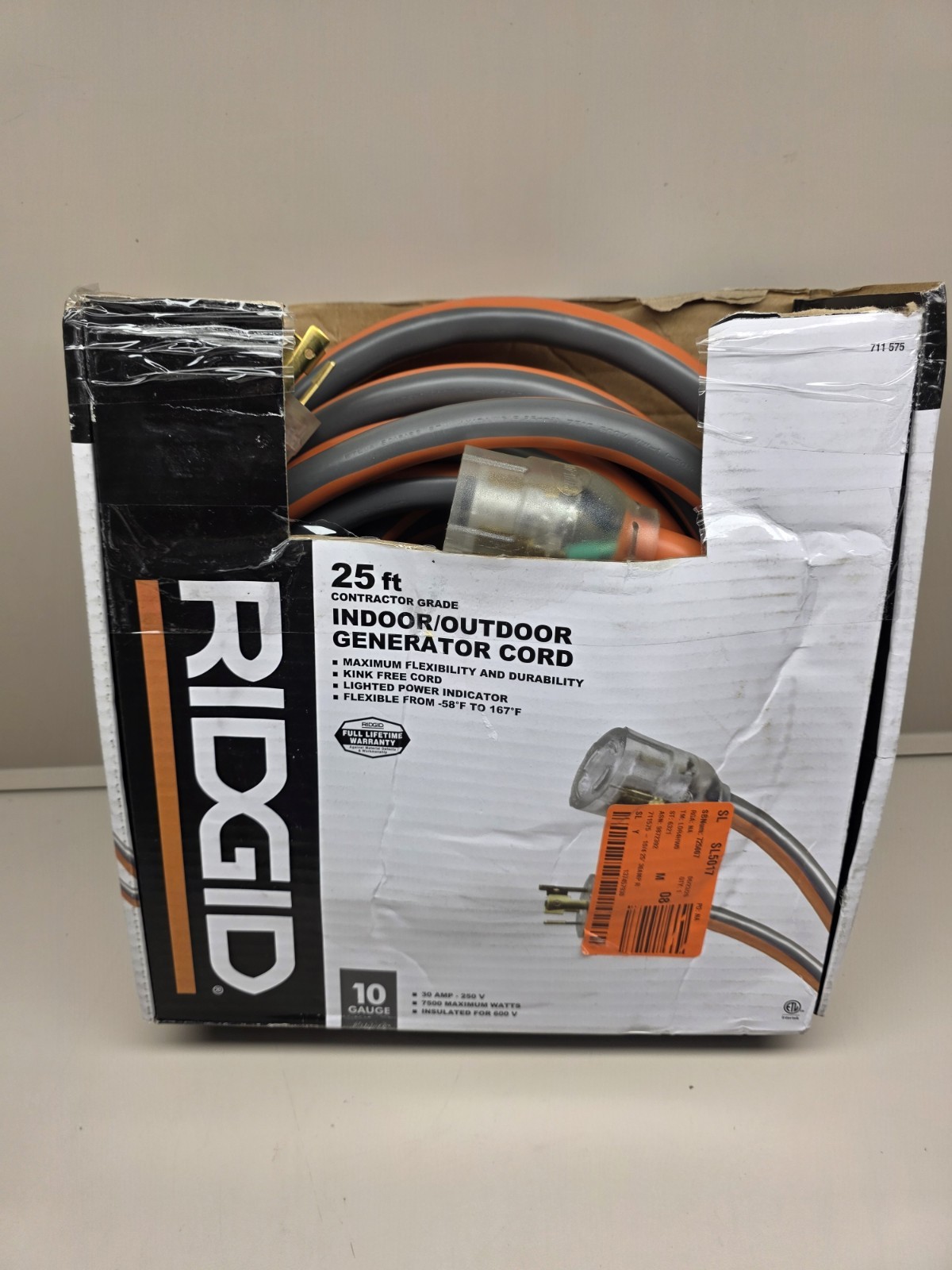 RIDGID 25′ 10/4 Heavy Duty Outdoor L14-30 Amp Generator Extension Cord, Orange