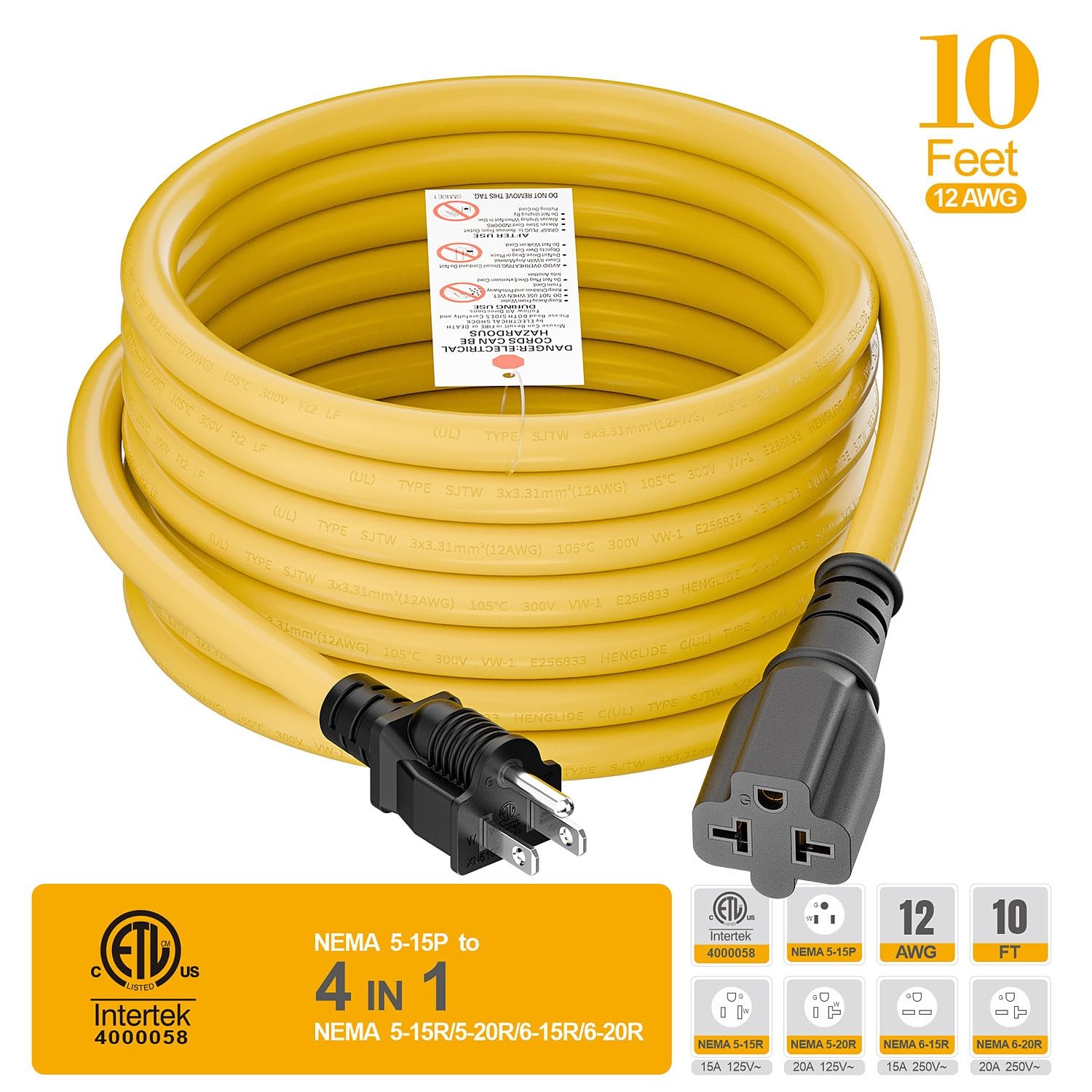 Plugrand NEMA 5-15P To 5-15R/ 5-20R/ 6-15R/ 6-20R AC Adapter, 10FT PC-0050-10FT