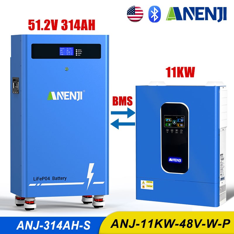 16KWh 51.2V 314Ah Lithium Battery + 11KW 48V 220V Hybrid Solar Inverter Parallel