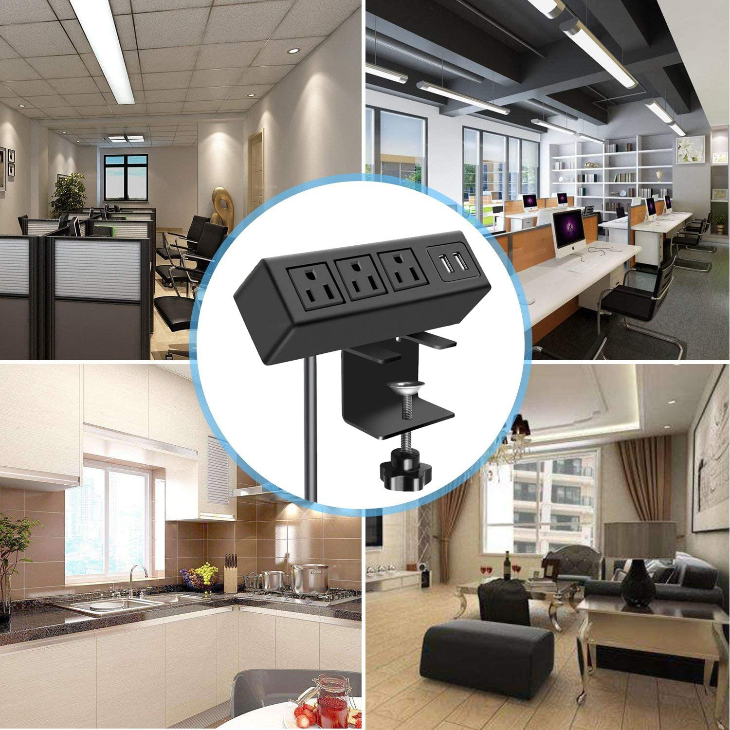 3 Outlet Desk Clamp Power Strip with USB Ports, Desktop Power Strip Surge Protec