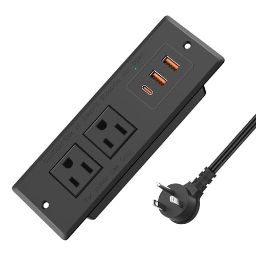 Recessed Power Strip, Flush Mounted Drawer Outlet with PD 6FT 20W-2A1C-Black