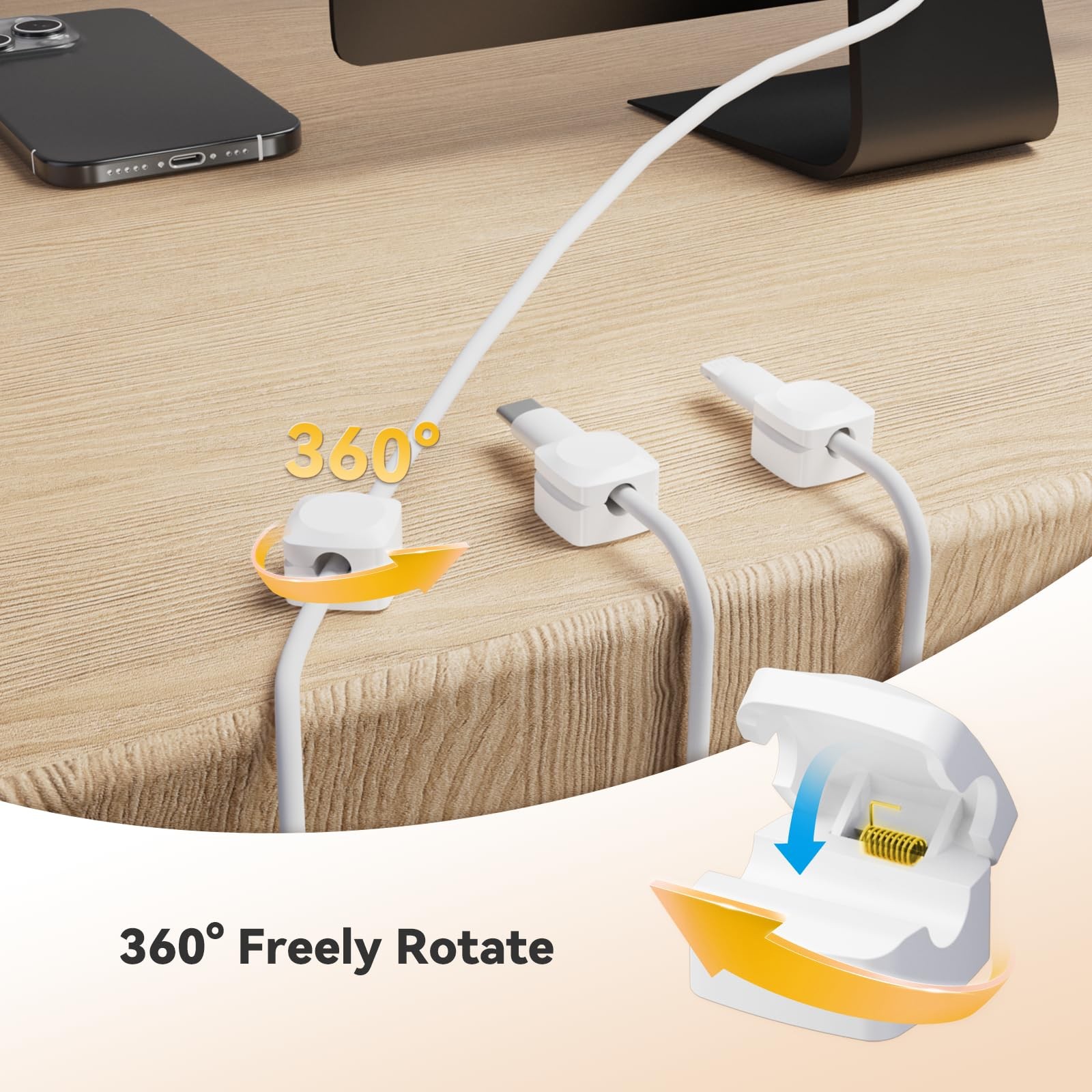 Daisyhome Rotatable Cord Organizer Enhanced Spring Cable Clips Strong Adhesive